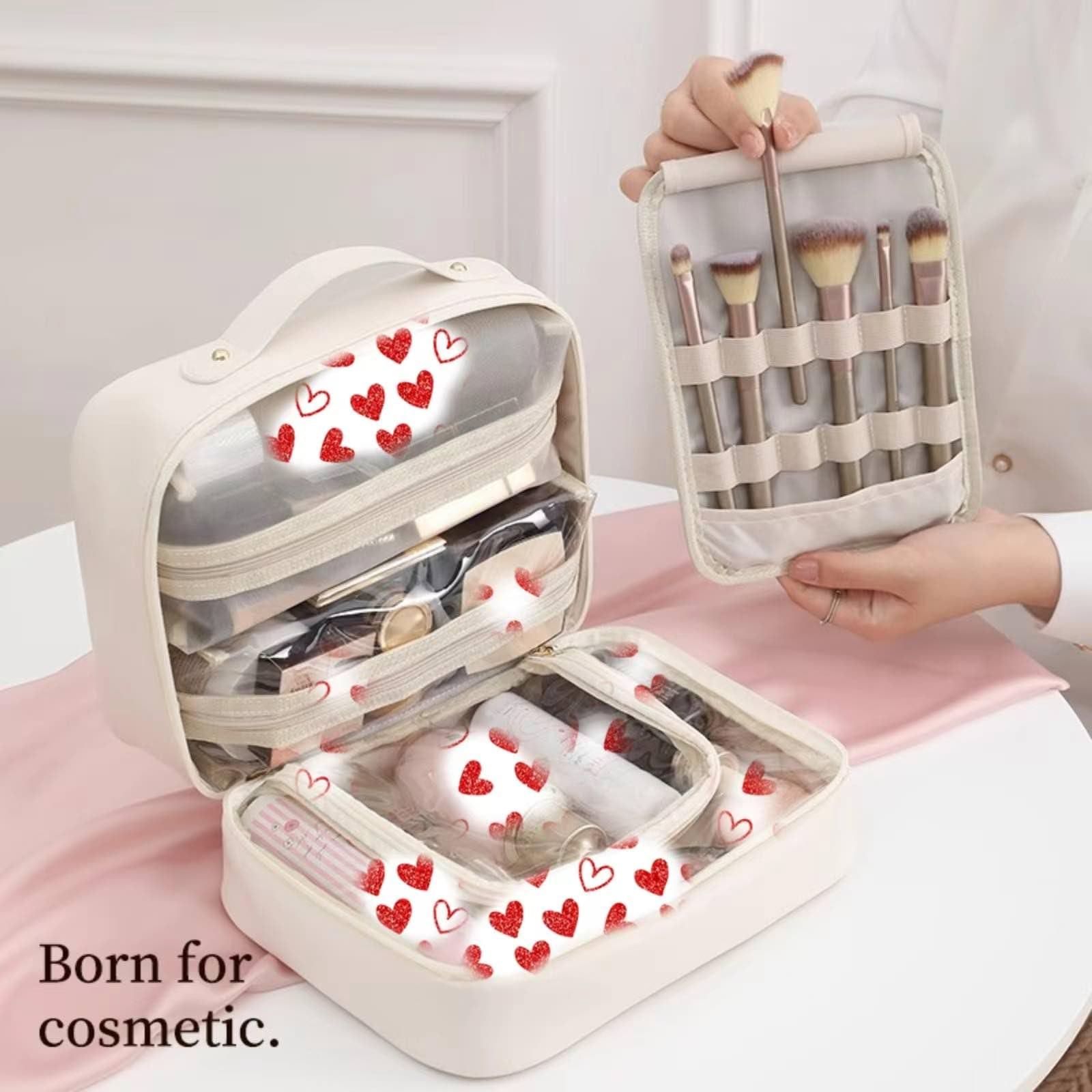 Generic Travel Makeup Bag, Multi Compartment Toiletry Cosmetic Bag, Set Patient Makeup Bag,Travel Cosmetic Bag for Women Large Capacity Portable Cute Cosmetic Organizer with Removable Clear Compartment(Beige)