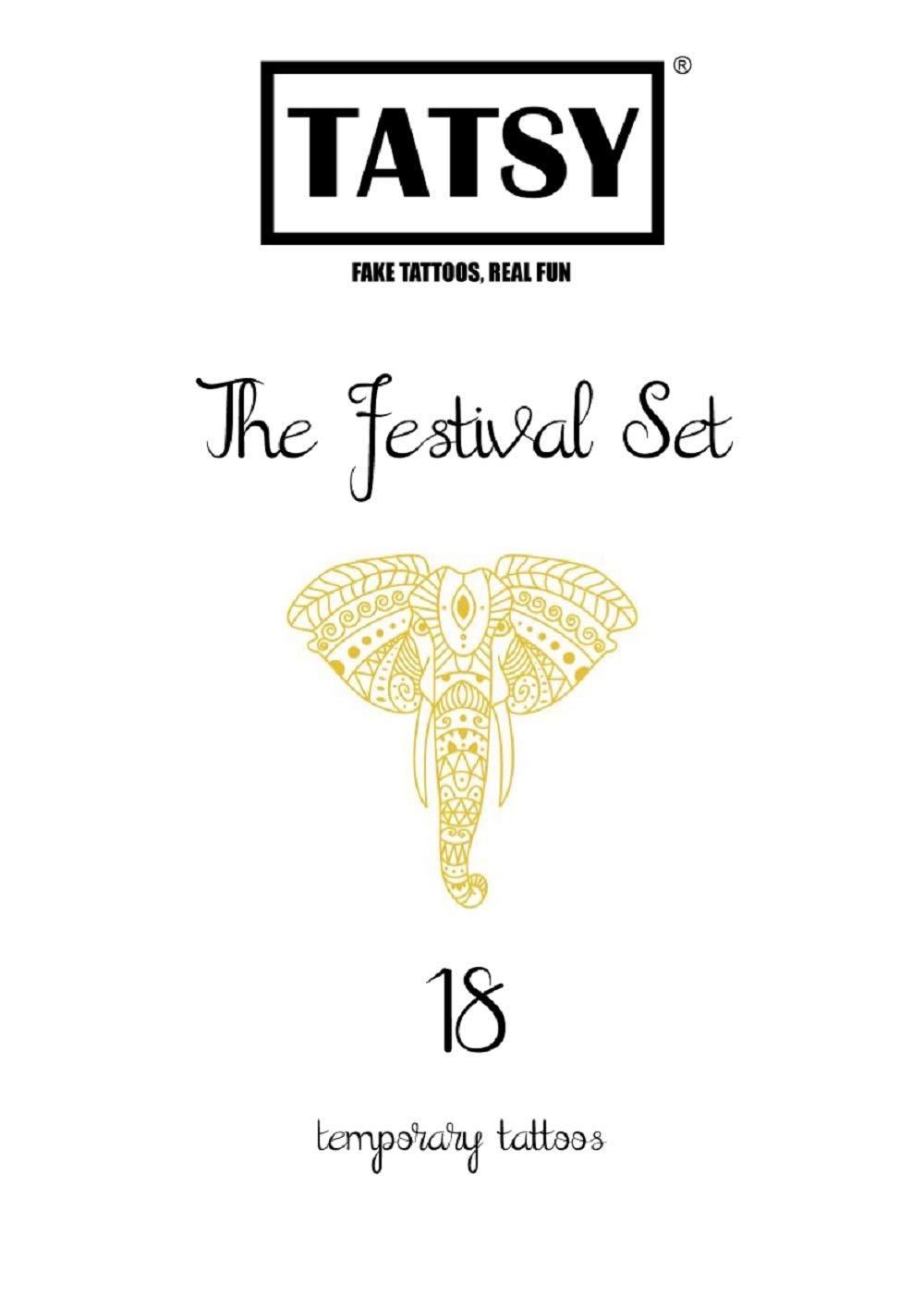 Tatsy Temporary Tattoo Set By Tatsy, The Festival Set, Shiny Glitter Gold, For Women and Men, Original, Unique Design, Cover Up, Fancy Patterns, Waterproof Tattoos, Elephant, Arrows