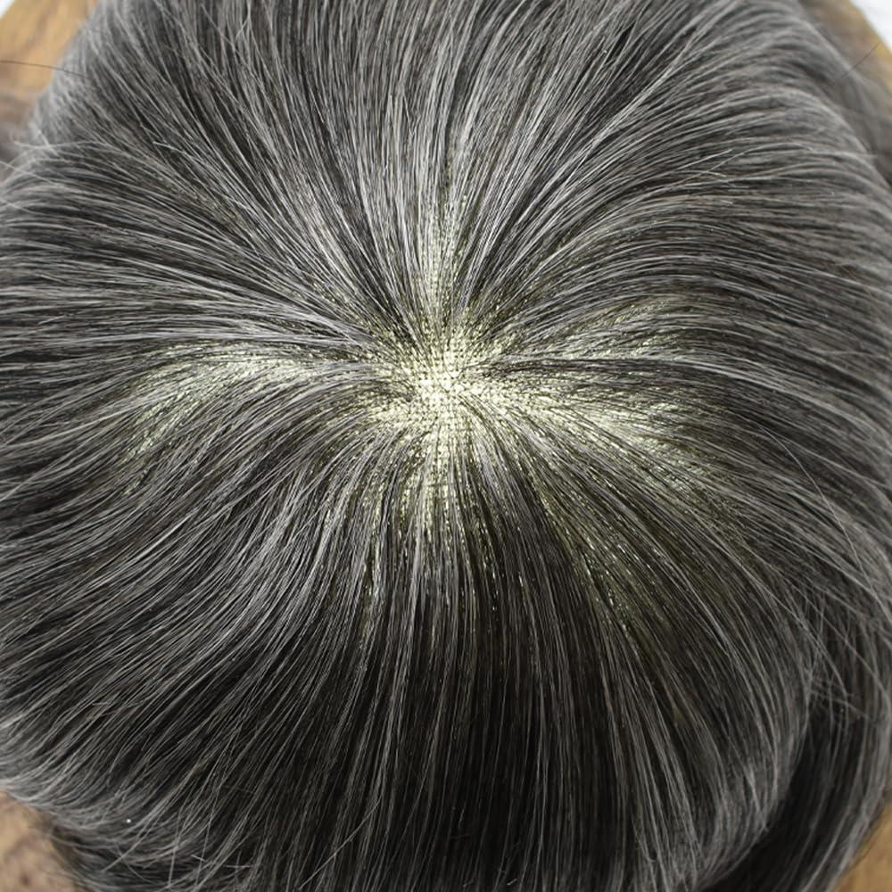 Hair Wonders Toupee for Men Real Human Hair Piece Replacement Systems French Lace Hair Pieces Pu Around Hair Unit for Men Lace Hair System Hair Prosthesis Man8*10\"-120% density#1B50 Off Black + 50% Gray