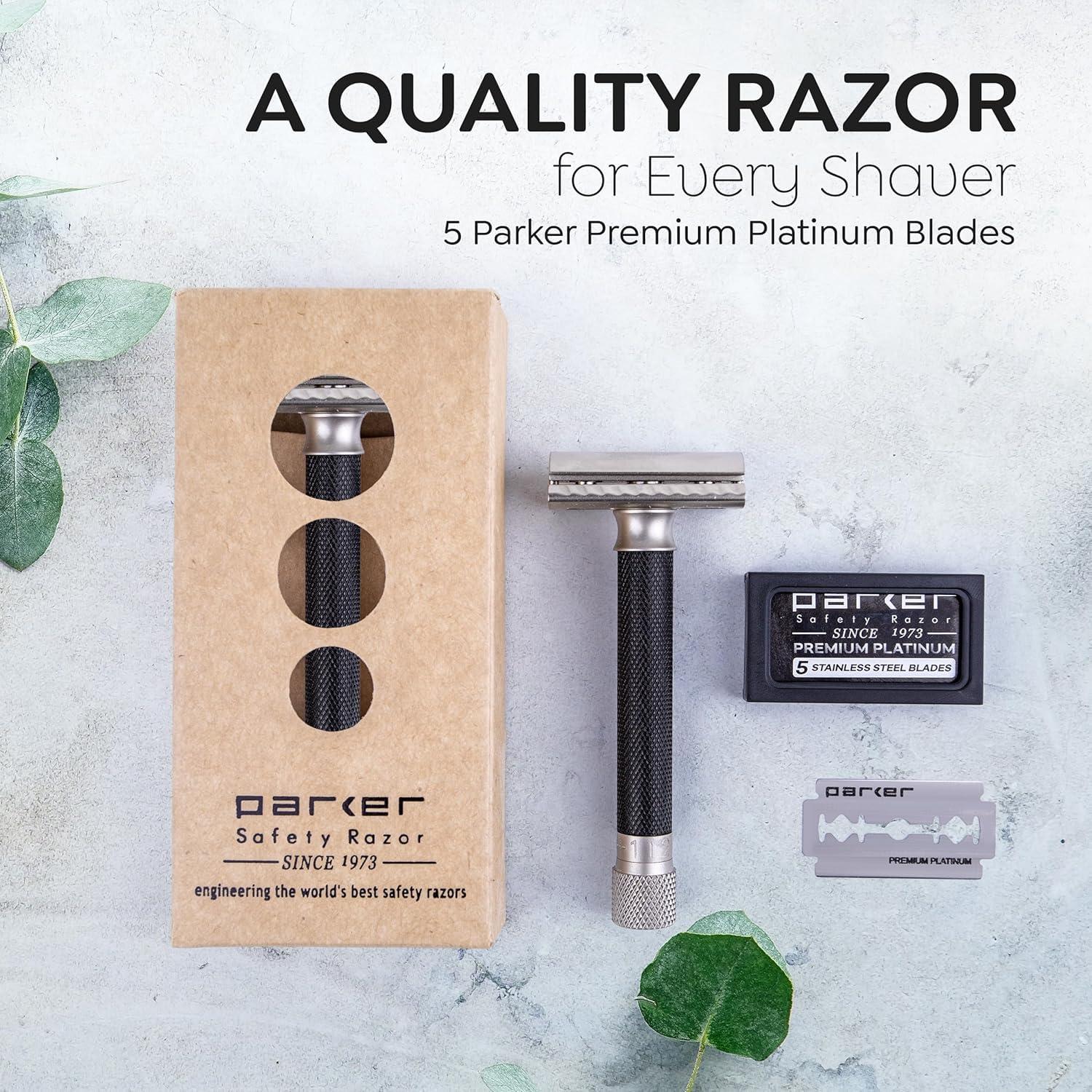 Parker Safety Razor The Parker Variant Adjustable Double Edge Safety Razor, Customize your Shave with a Turn of the Dial from Mild to Aggressive - 5 Blades Included (GRAPHITE GRAY)