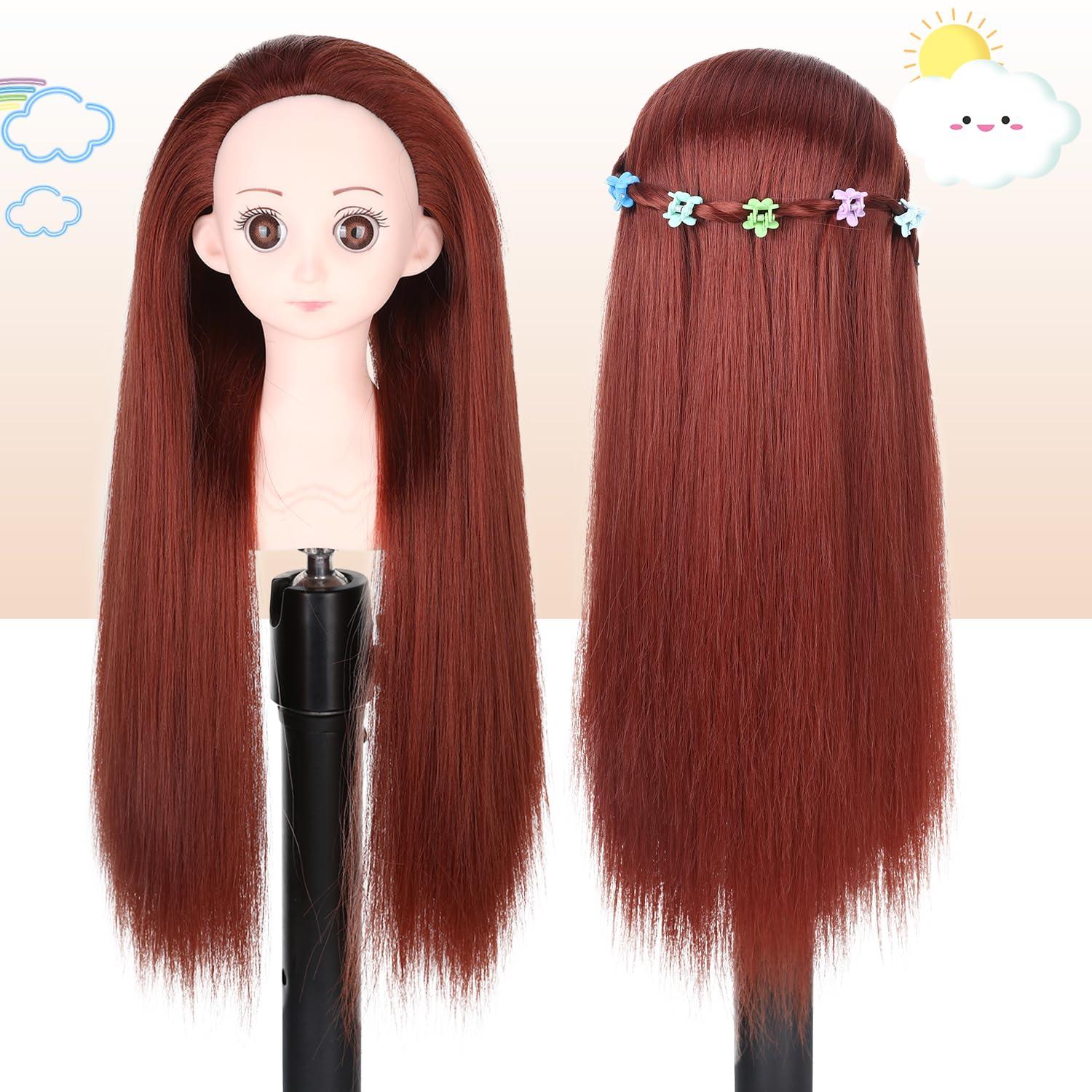 WIGER WIGER Red Hair Styling Doll for Girls Toy Mannequin Head with Hair for Children Cute Cosmetology Hairdressing Manikin Doll Braiding Training Practice Heads with Long Brown Straight Hair