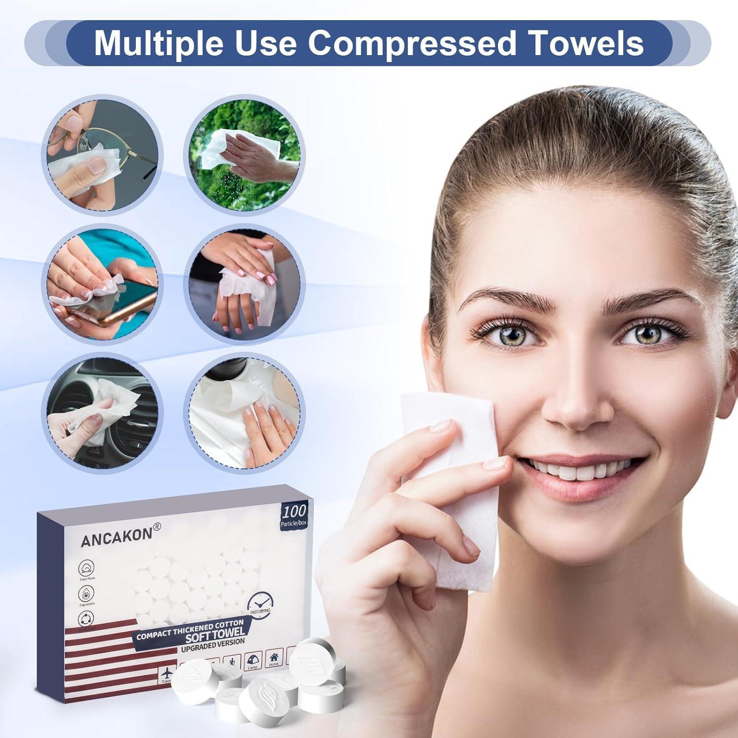 Ancakon Ancakon Disposable Compressed Face Towel 100 PCS,Compact Coin Tissue,100% Plant Fiber Facial Washcloth Biodegradable Wipes for Sensitive Skin,Super Absorbent for Home,Hotel,Travel,Camping
