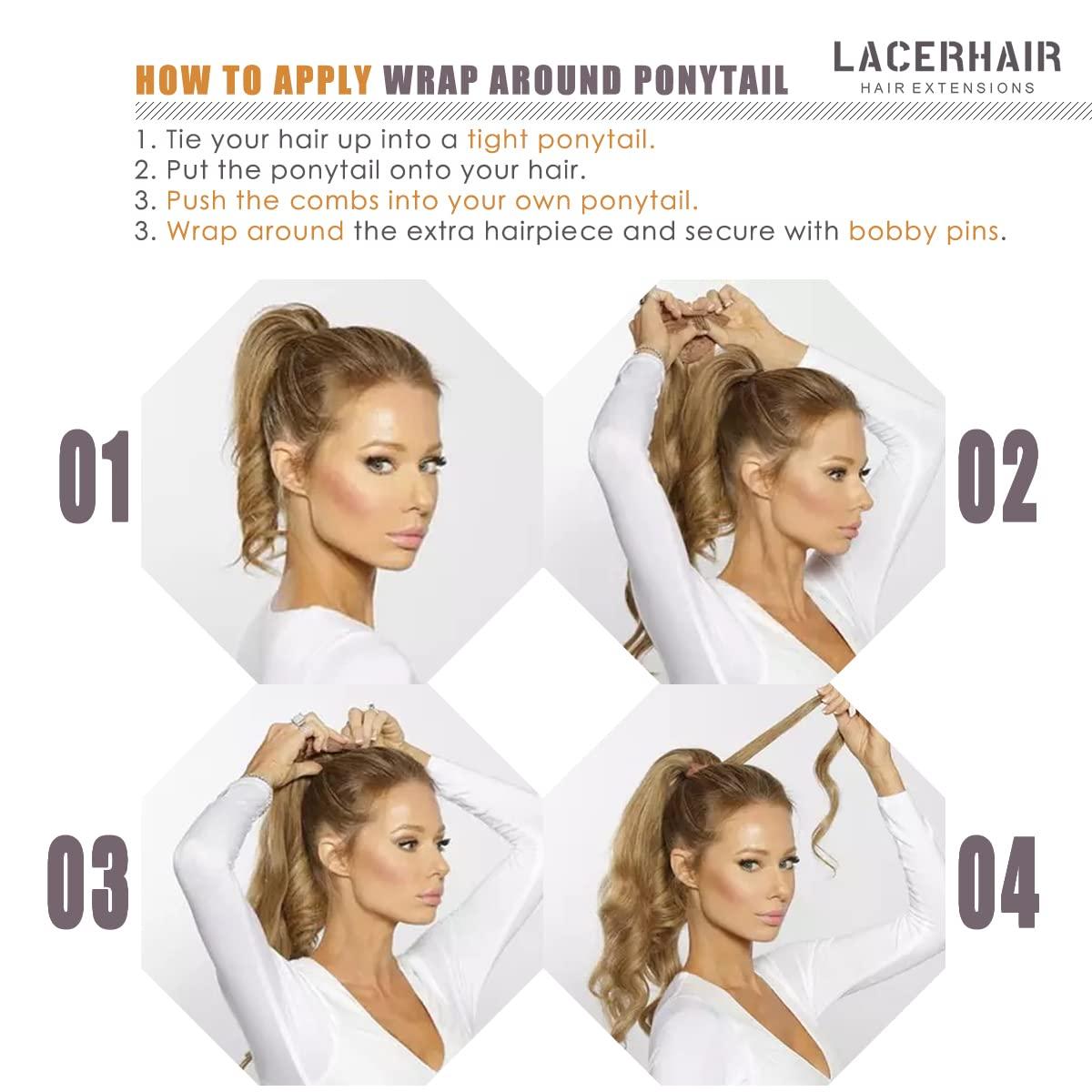 Lacer Lacer Real Hair Ponytail Extension Ombre Chocolate Brown to Caramel Blonde Pony Tails Extensions Human Hair Long Straight Wrap Around Human Hair Ponytails for Women Hair Piece 22 Inch 90g
