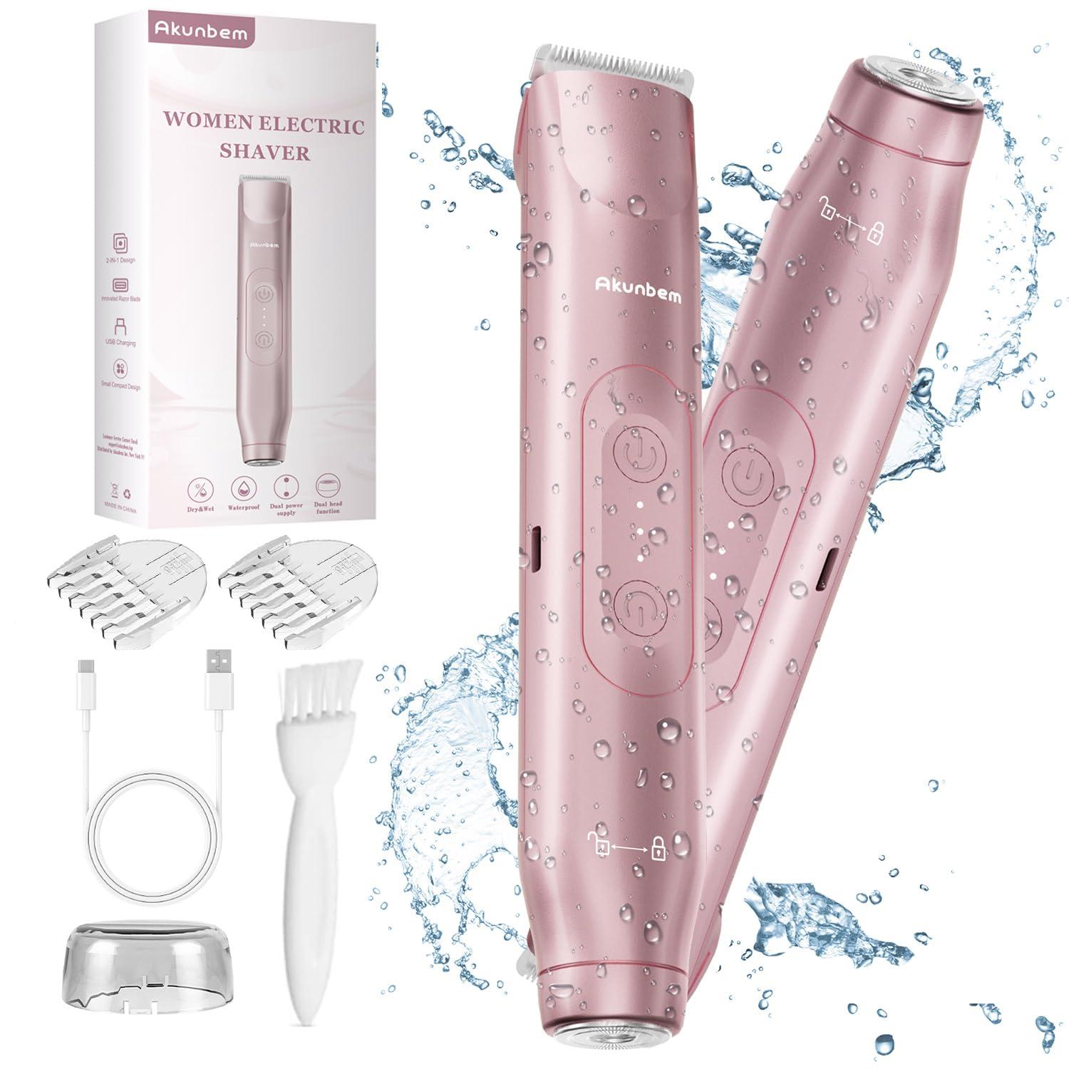 Akunbem Akunbem 2 in 1 Women Electric Shaver Dual Head Bikini Trimmer for Women IPX7 Waterproof Wet & Dry Use Body Hair Trimmer and Facial Hair Remover for Bikini Underarm Leg Arm Body Face