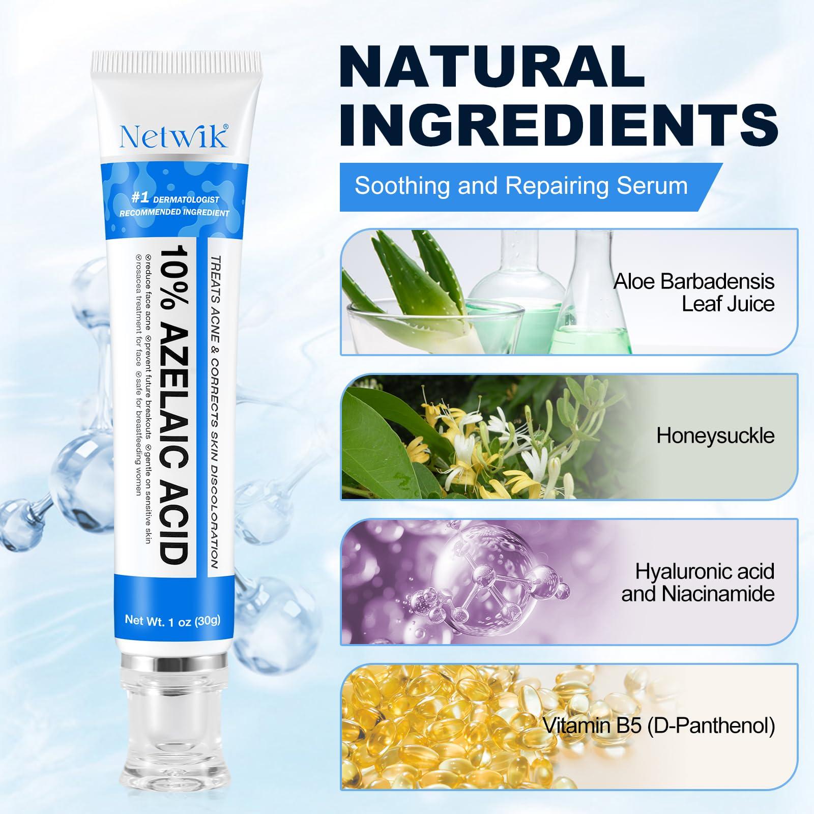 Netwik 10% Azelaic Acid Cream for Face - Acne Cream for Rosacea Reducing Relief Pimple Breakouts Blackhead Pigmentation and Redness - Azelaic Acid Gel For Facial and Skin Care