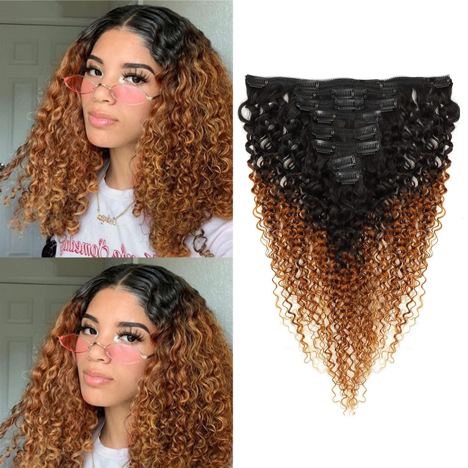 seelaak Seelaak 26inch Ombre Brown Curly Clip in Hair Extensions Brazilian Virgin Remy Hair Kinky Curly Clip Ins Human Hair Extension