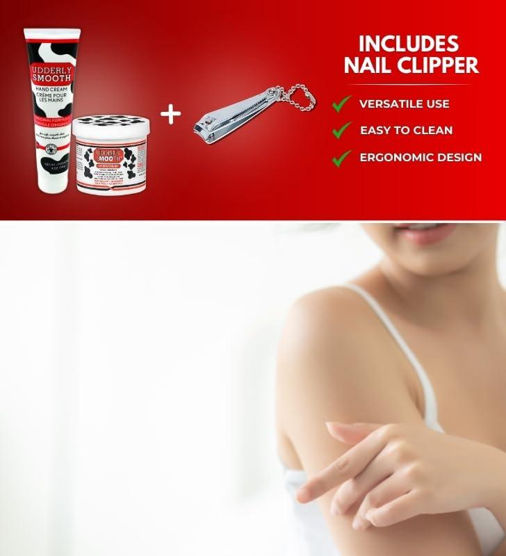 GROVE Udderly Smooth Hand Cream 4 oz + Udderly Smooth Body Cream 10 oz Bundle with Nail Clipper - Moisturizing Cream for Dry, Cracked Skin - Fast-Absorbing Non-Greasy Formula - (3 Items)
