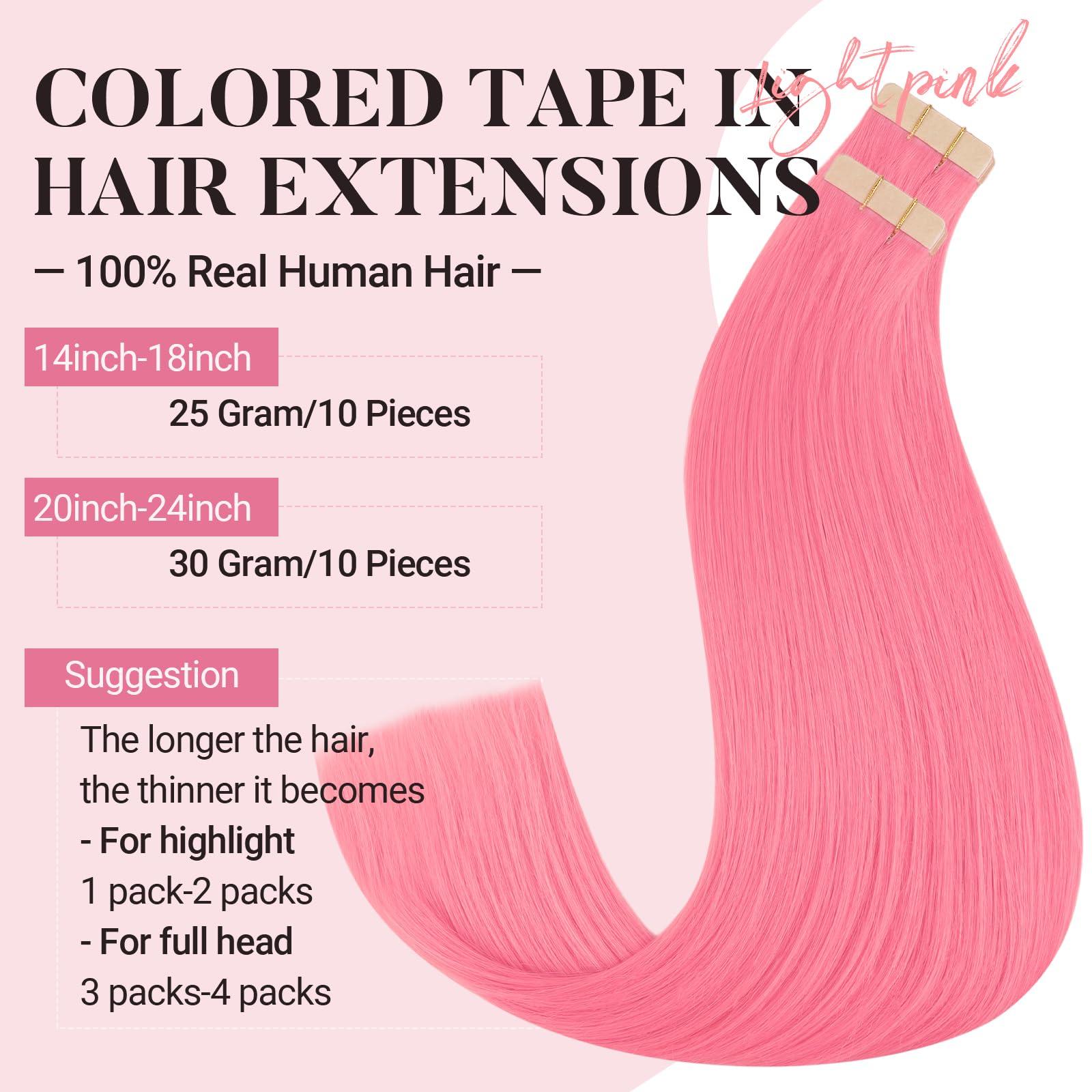 MAXITA MAXITA Tape in Hair Extensions Human Hair Light Pink Hair Extensions Tape ins, 10pcs 25g 18 Inch Colored Party Highlight Tape in Extensions Straight Soft Real Human Hair Extension
