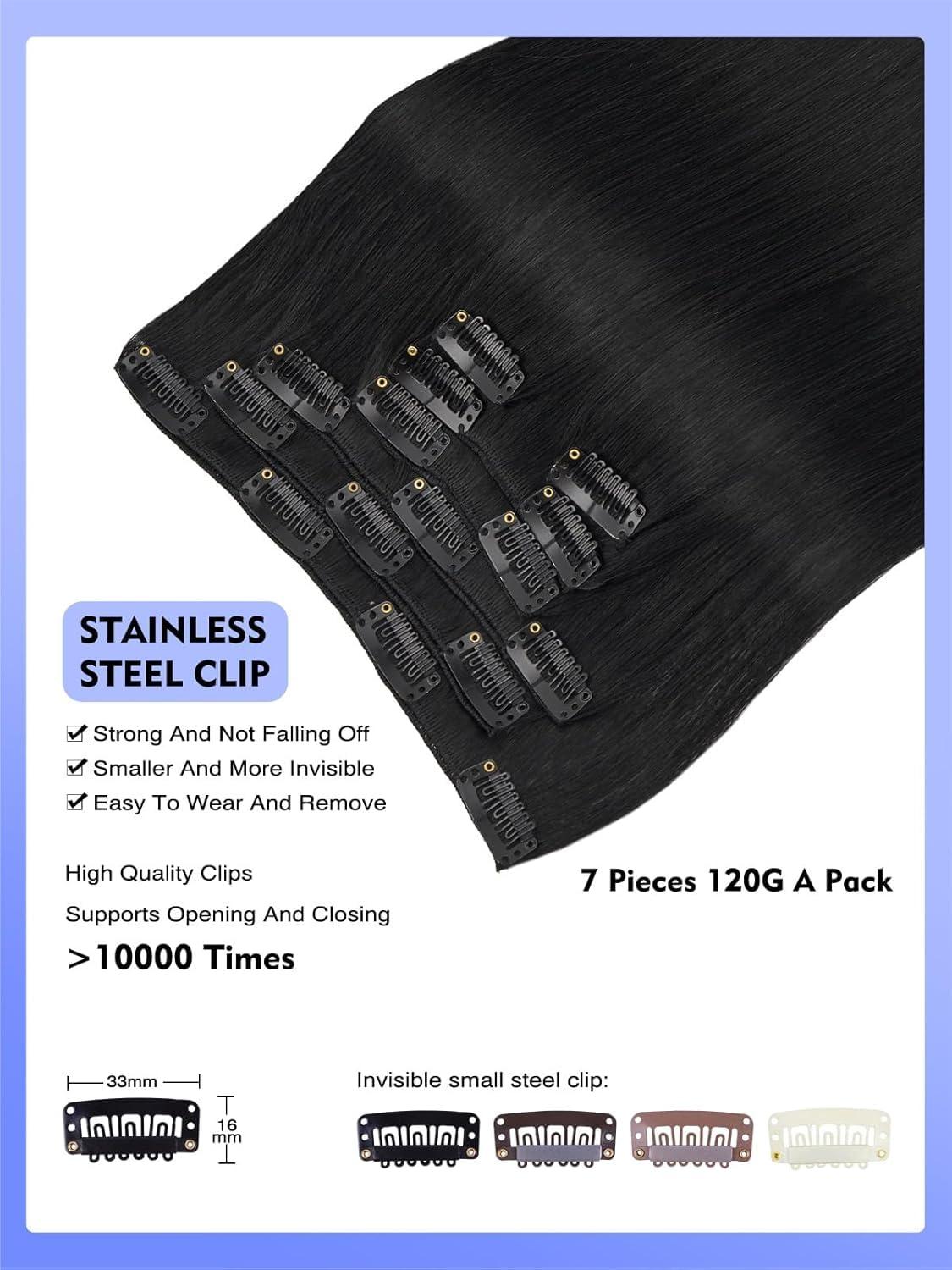 Loveline Loveline Clip In Hair Extensions 22 Inch Human Hair Clip in Real Human Hair Extension for Women Jet Black 120g 7 Pieces Per Set