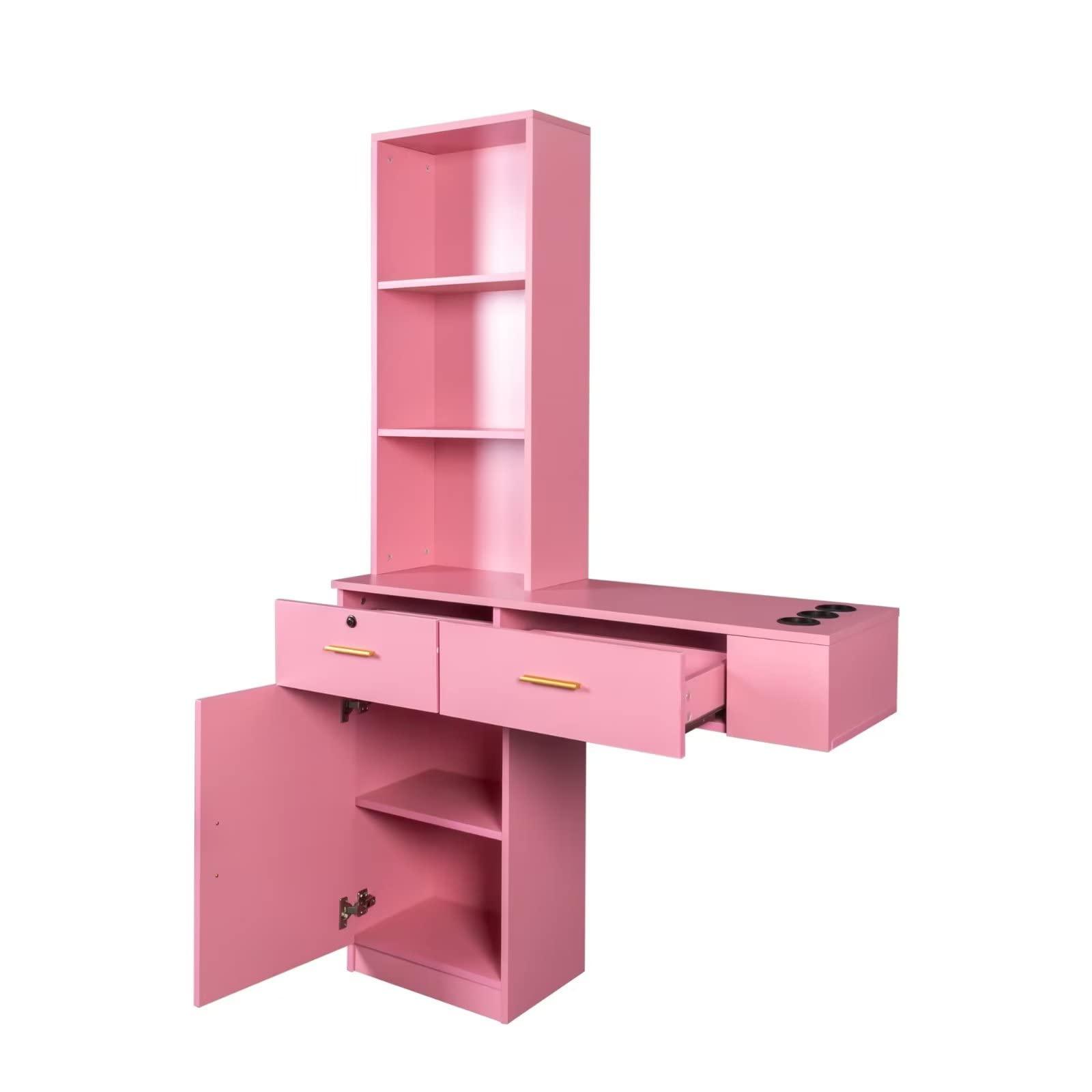 JINS&VICO JINS&VICO Wall Mount Salon Station, Barber Stations Styling Station with 3 Open Shelves, 2 Drawers and 1 Storage Cabinet, Salon Equipment Set with 3 Round Holes for Hair Dryer, Pink
