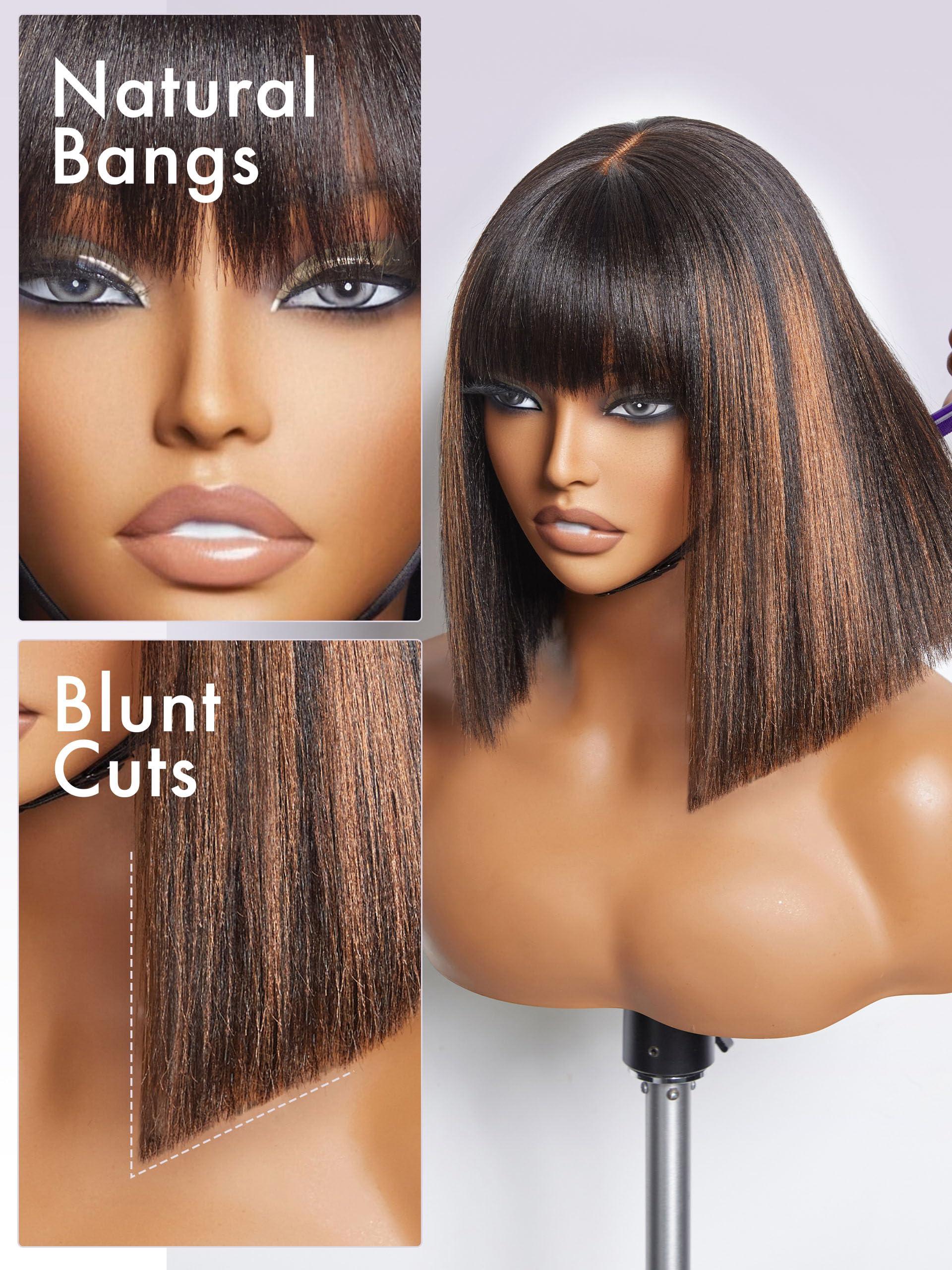 LUVME HAIR LUVME HAIR 10 Inch Yaki Straight Bob Wig with Bangs Human Hair Glueless HD Lace Bob Wig with Brown Highlights, Ready to Go Short Wigs For Women 180 Density (Breathable Cap)