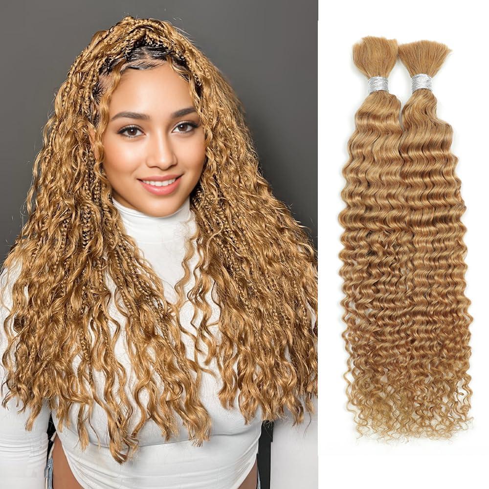 Renyarch Blonde Human Braiding Hair for Boho Braids 14 Inch 100g Human Hair Braiding Hair Deep Wave Bulk Human Hair for Braiding No Weft Brazilian Virgin Curly Human Hair Brading Hair Extensions 27#