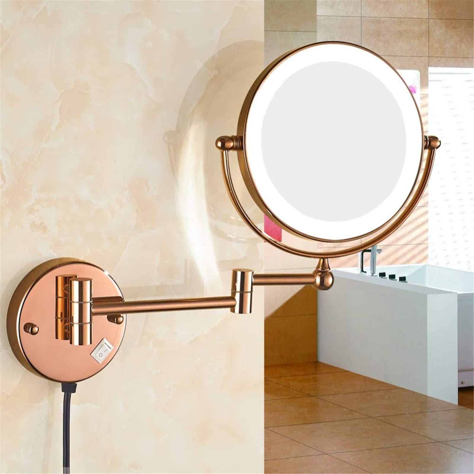 DMNSDD 8 inch Illuminated Makeup Mirror, Double Sided Magnification Mirror with LED Light, Bathroom Extendable Wall-mounted Vanity Shaving Mirror with Switch Plug,Rose gold,3X