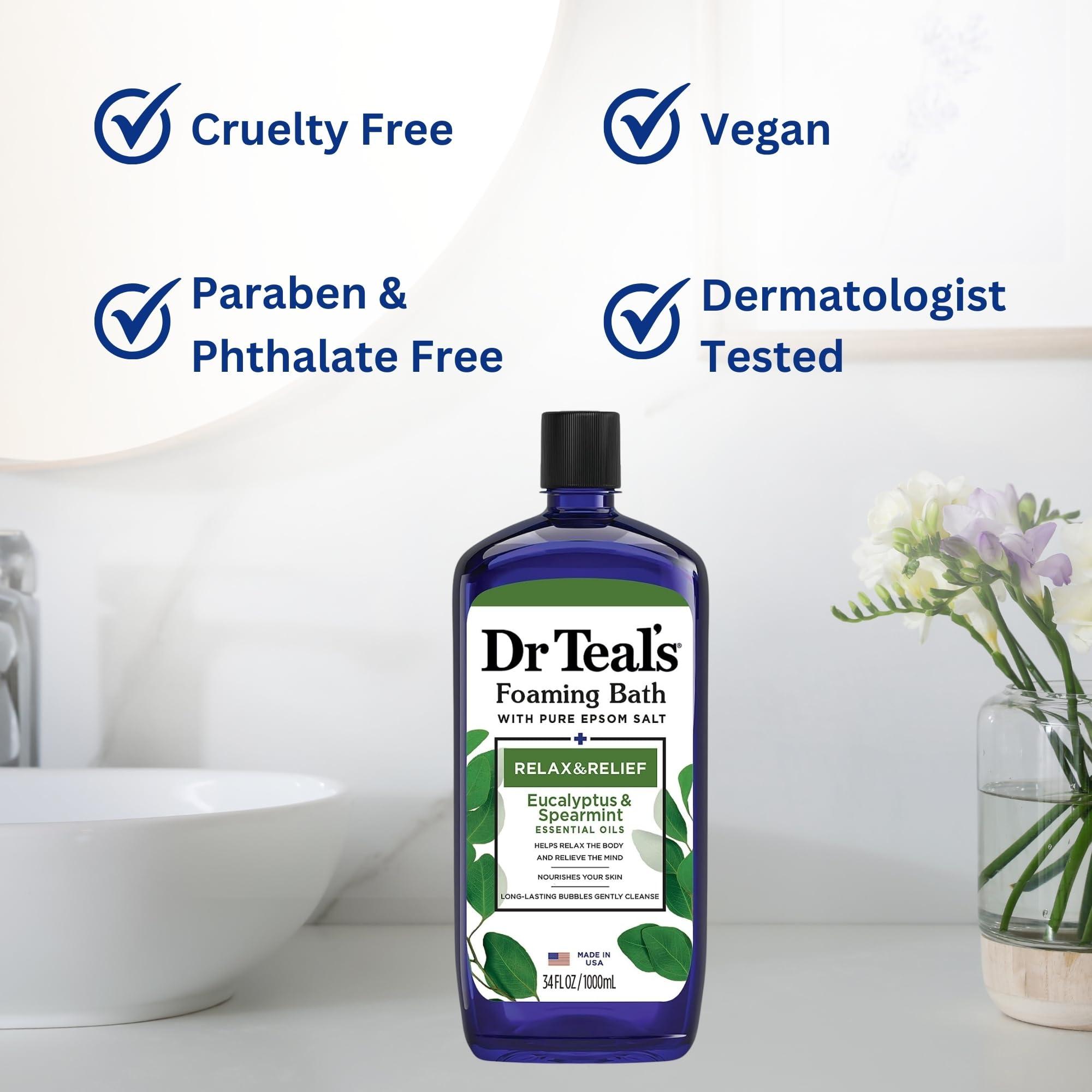 Variety Junction Dr. Teal\'s Eucalyptus and Spearmint Foaming Bath 34oz Bottles (Pack of 2) with Variety Junction Premium Bath Sponge - Relax and Relief, Bubble Bath, Relaxing, Men\'s and Women\'s