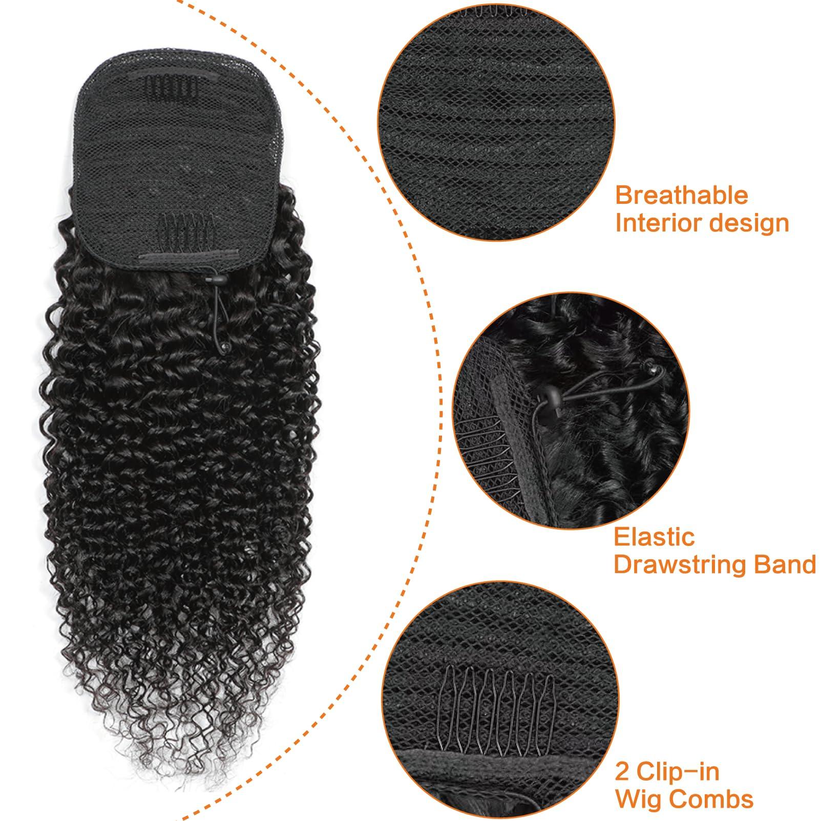 Yacurcur Yacurcur Kinky Curly Ponytail Human Hair Drawstring Ponytail for Black Women 10A Brazilian Virgin Human Hair 4C Curly Ponytail Extension Natural Black 20 Inch