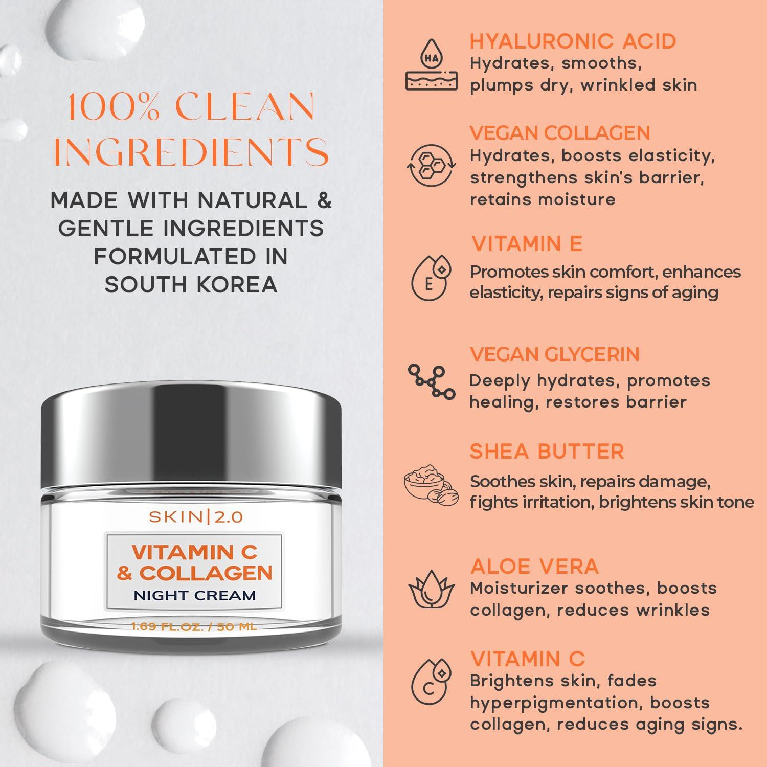 Skin 2.0 Skin 2.0 Korean Vitamin C & Collagen Face Moisturizer - Dermatologist Tested, Skin Tightening, Brightening - Anti-Aging, Clean Beauty, Cruelty-Free Korean Skincare for All Skin Types - 1.69 oz