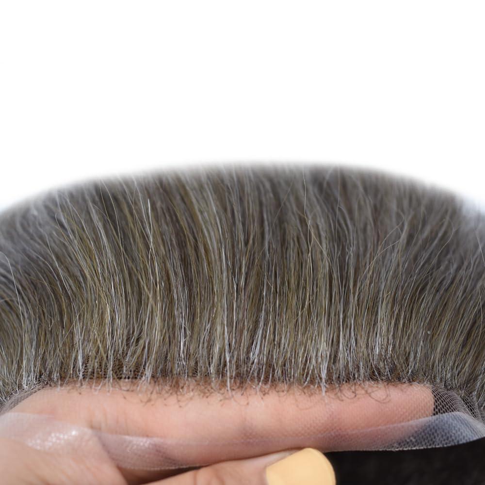 Generic Mens Toupee Men Hair System All French Lace Mens Hairpiece Soft And Breathable Lace Toupee For Men Hair Replacement System For Men Human Hair 7\"X9\" #530 Light-Med Brown+30% Gray-100% Density