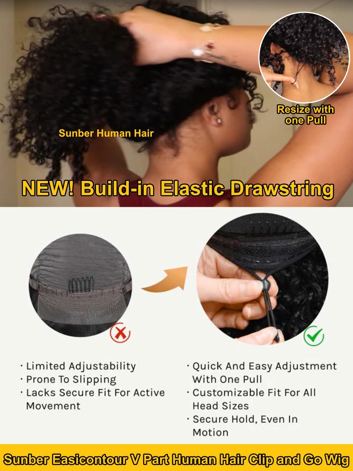 Sunber Sunber EasiContour V Part Wigs Human Hair Kinky Curly Upgrade Glueless U Part Human Hair Wig V Part Kinky Curly No Leave Out No Gel Beginner Friendly Clip in Vpart Wig 150% Density 14Inch