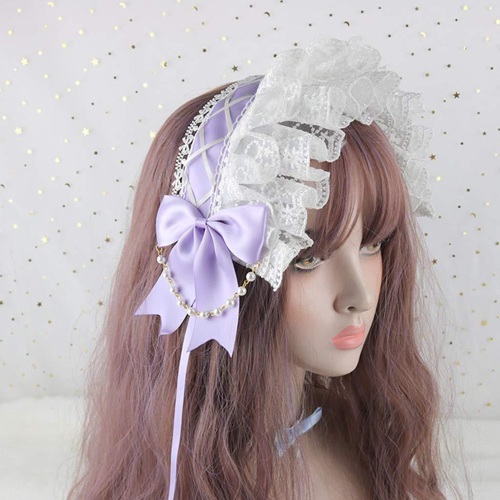 SANGHAI SANGHAI Women Bandana Lolita Ruffled Lace Headband Crisscross Ribbon Bow Pearls Chain Maid Hair Band Light Blue