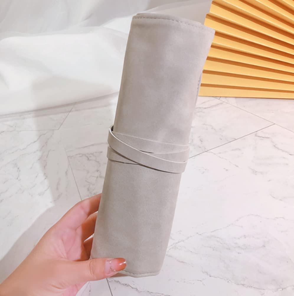 VASANA Gray Soft Makeup Brush Rolling Case Mini Cosmetic Brush Organizer Portable Roll Up Brush Holder Pouch Bag for Travel Business Trip 14 Pockets