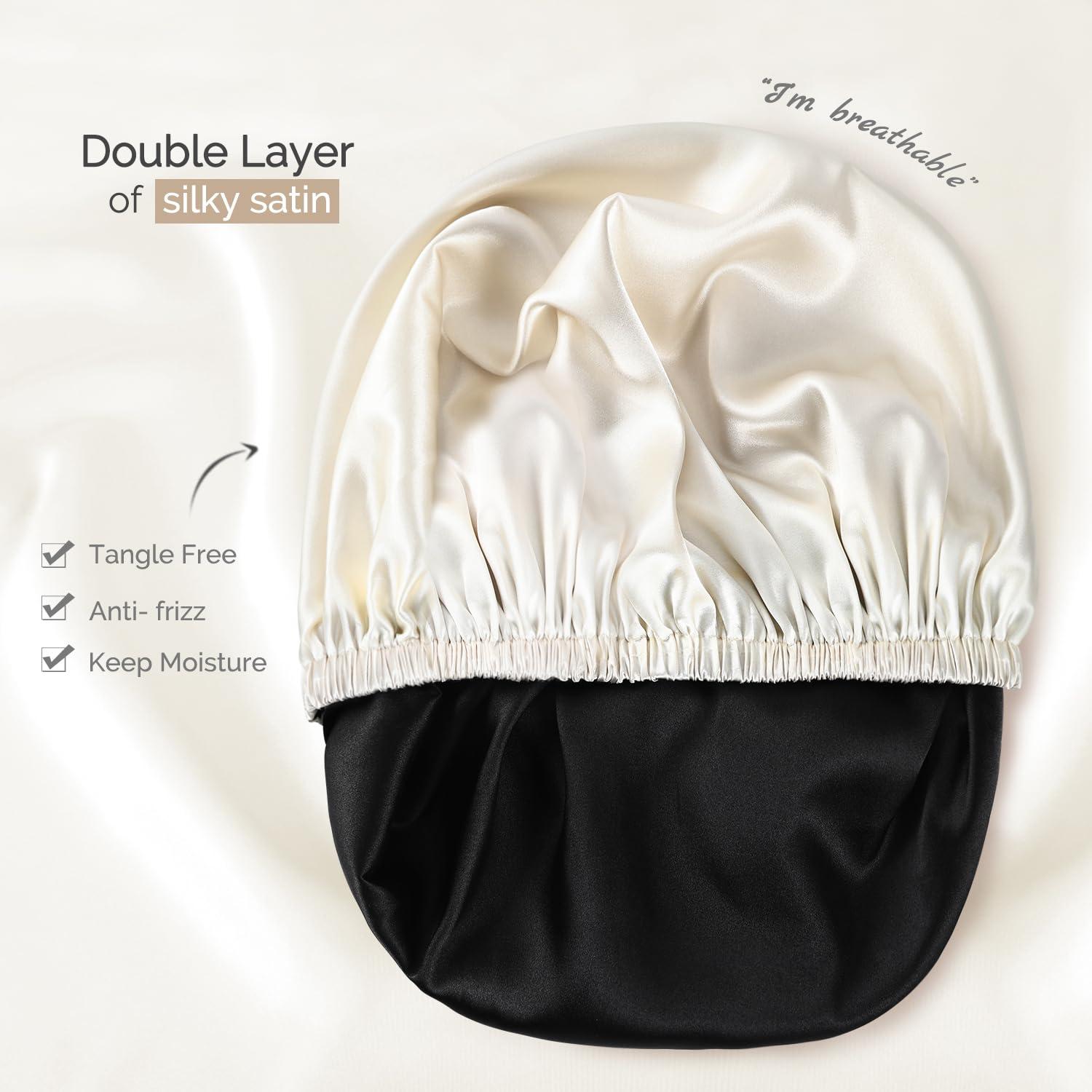 Hat Hut Hat Hut Satin Bonnet Silk Bonnet for Sleeping Hair Bonnet for Sleeping Cap for Curly Hair Wrap Reversible Satin Bonnet (Champagne/Black)