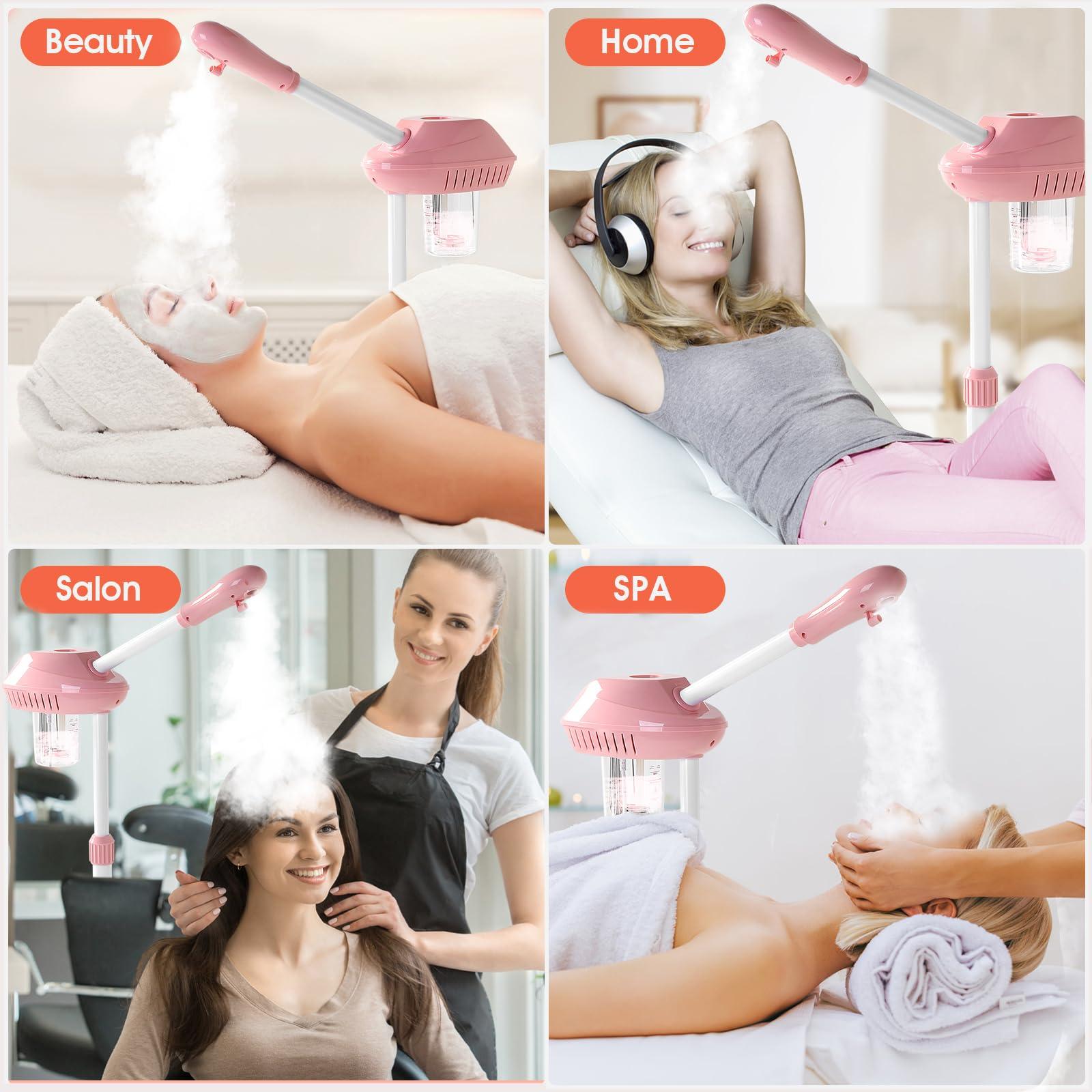 Niuadage Professional Facial Steamer, Facial Steamer on Wheels, Ozone Facial Steamer, Standing Face Steamer, SPA Facial Steamer for Salon and at Home Use, Touch Control, Timing Function, Pink