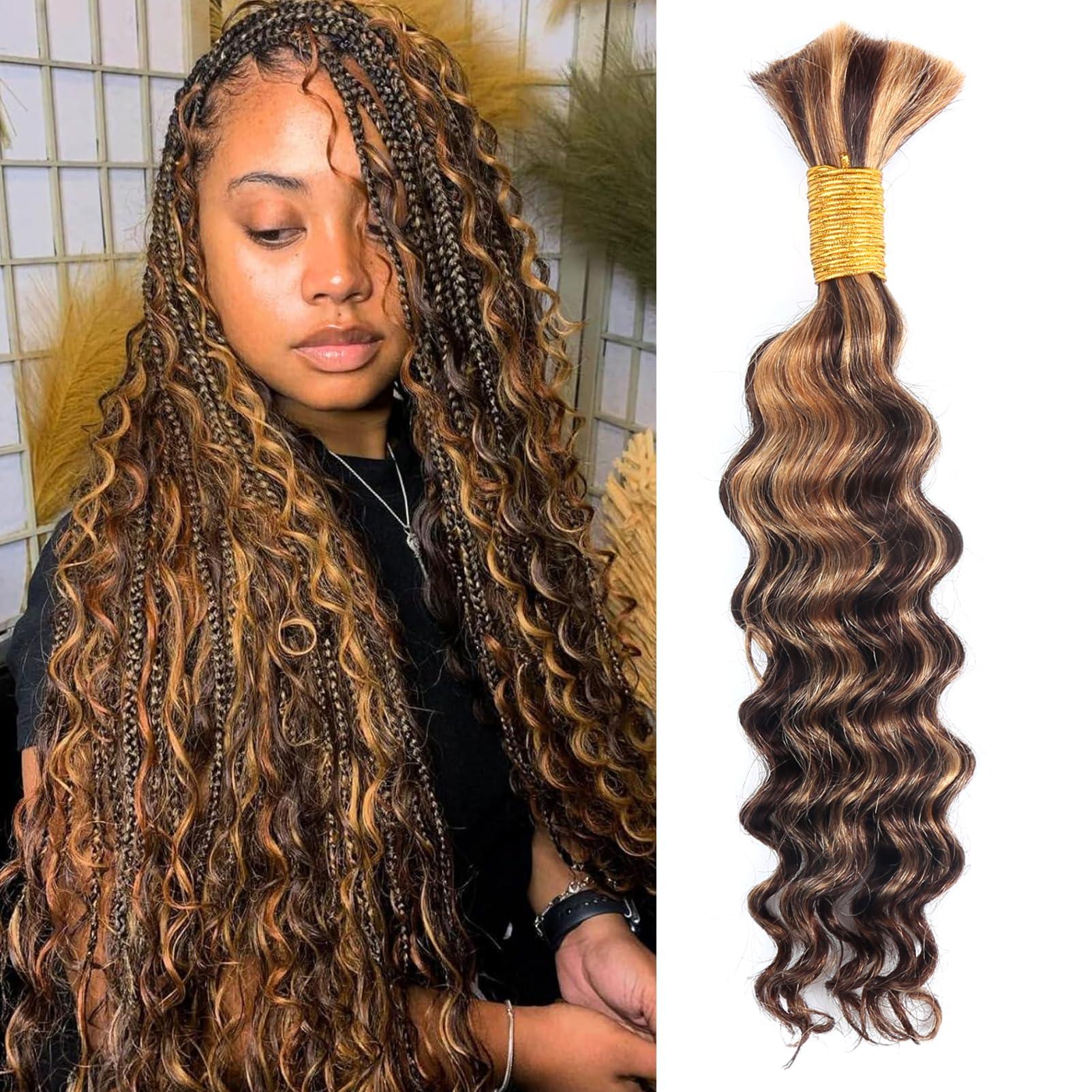B-fashion Human Braiding Hair for Boho Braids Highlight Deep Wave Bulk Human Hair for Braiding 14 Inch 1 Bundle 50G P430 Brazilian Wet and Wavy Curly Ombre Human Hair Braiding Hair Extensions No Weft Bundles