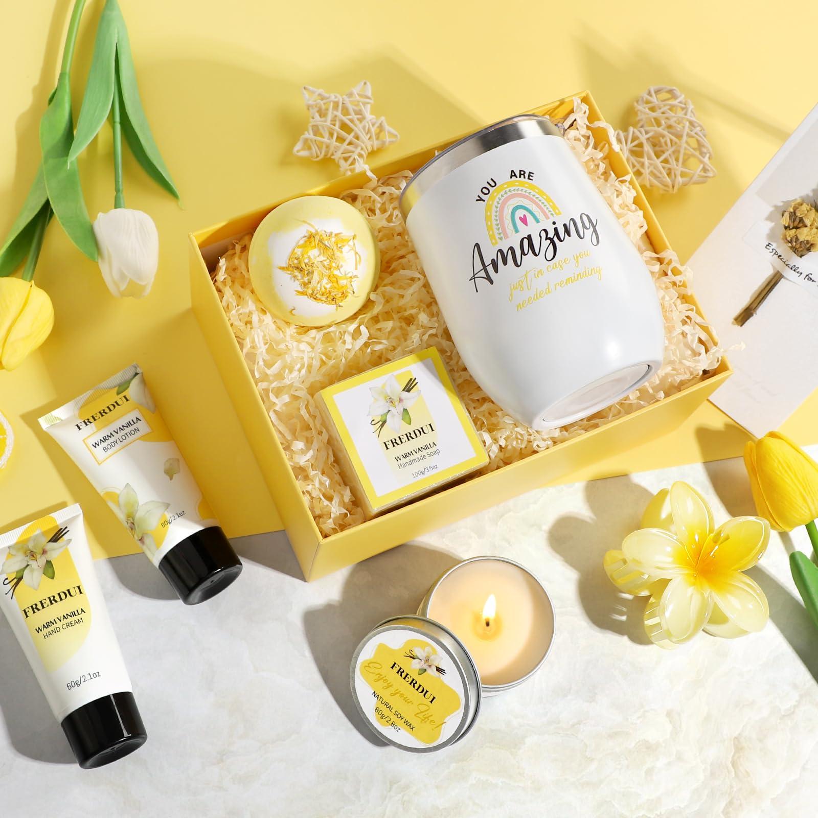 Frerdui Birthday Gifts for Women, Relaxing Spa Gifts Baskets for Women, Warm Vanilla Self Care Gifts Bath and Body Gifts Set Care Package for Women, Her ,Wife, Mom, Female Friends, Bestie, Mother\'s Day Gifts