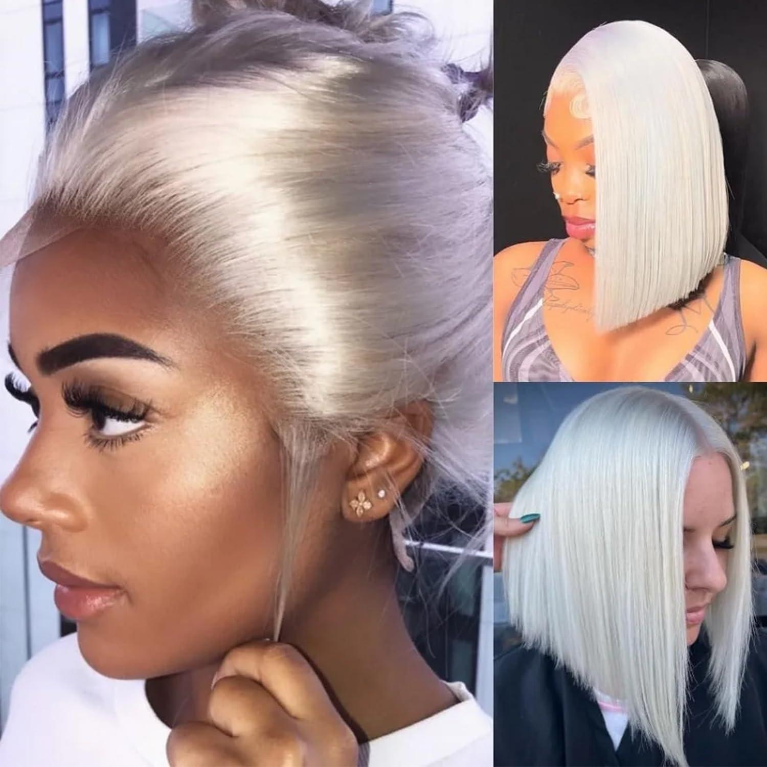 Byluxurious Byluxurious 60# Grey Platinum Blonde Wig Human Hair for White Pre Plucked HD Transparent Short Bob Wigs Human Hair Silver Ash White Lace front Wig For Women T Part Brazilian Hair 12 Inch 150 Density