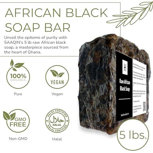 SaaQin SAAQIN - Raw African Black Soap for All Skin Types, Black Soap Ideal for Acne, Wrinkles, Make-Up Removal, Hair & Body, Natural Glycerin Black African Soap, African Black Soap Bar from Ghana, 5 Lbs