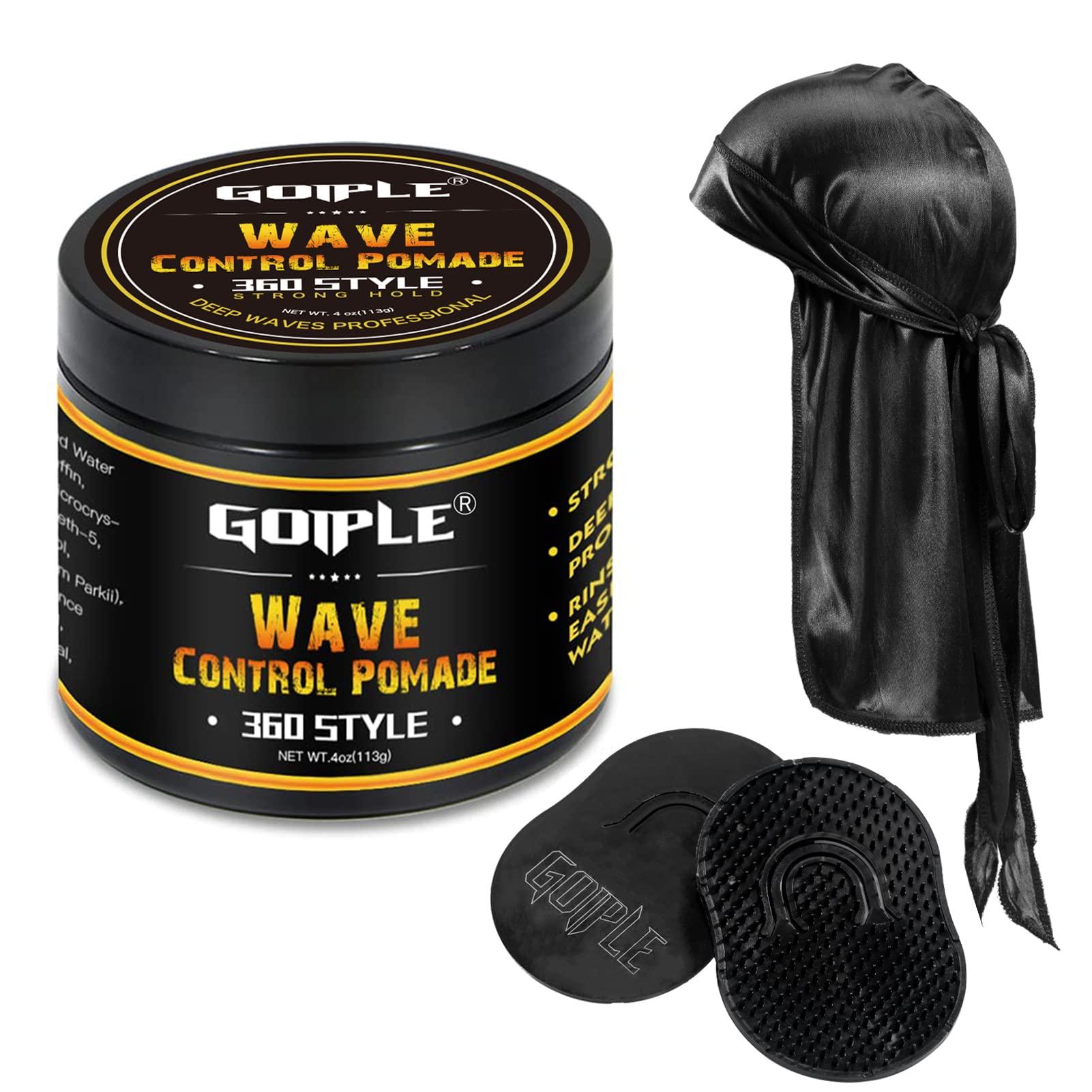 Goiple Natural Wave Pomade for Men Strong Hold, Easy Wash (Wave Pomade, 2 Wave Brushes, Silky Durag) Promotes Moisture, Control & Shine