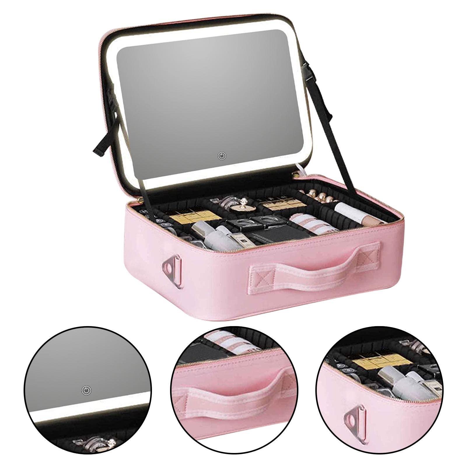 Generic Large Capacity PU Leather Professional Makeup Bag Travel Cosmetic Bag with Mirror and Lights, Waterproof Portable Makeup Organizer Make up Bag with Compartment for Travel Traveling Toiletry Bag
