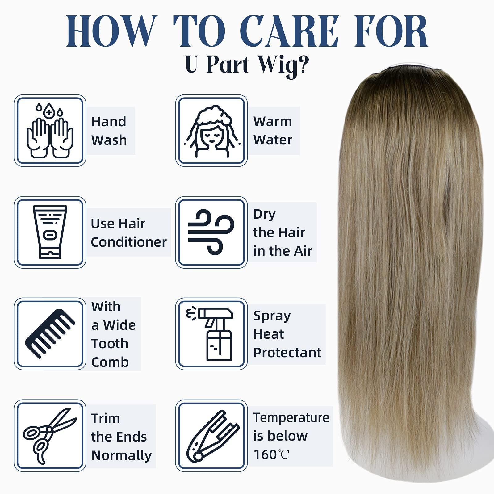 Full Shine Full Shine U Part Human Hair Wigs Half Wig With Clip Ins Middle Part Remy Hair U Part Wigs Ombre Balayage Brown with Blonde Human Hair Wigs 150Grams 20Inch