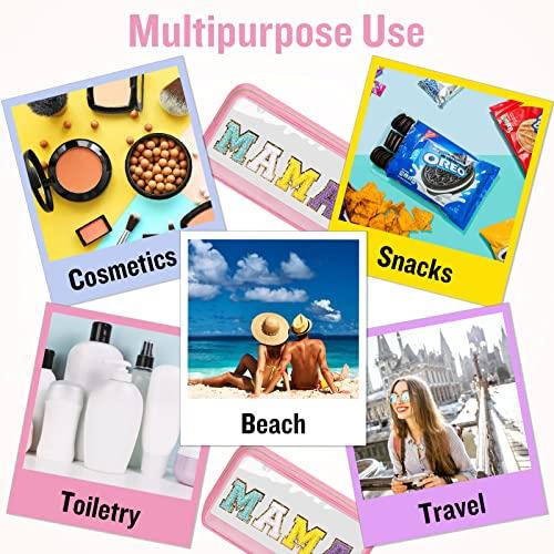 izuzta Chenille Letter Clear Makeup Bags Mama Pouch, Preppy Patch Makeup Bag with Zipper, Transparent PVC & Nylon Waterproof Portable Glitter Cosmetic Bag Travel Toiletry Storage for Women Girl(MAMA-Pink)