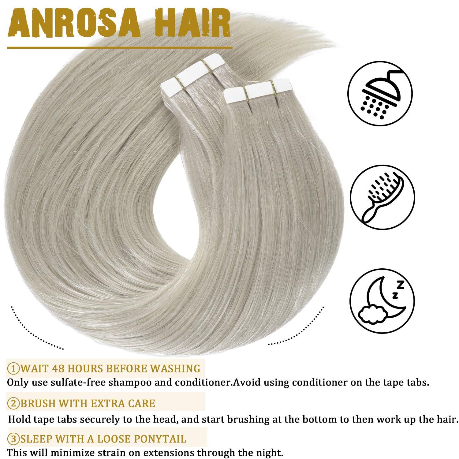 Anrosa Anrosa Invisible Tape in Hair Extensions Human Hair Straight Remy Real Human Hair Extensions Virgin Human Hair Extensions Tape in Grey 14 Inch 50g 20pcs