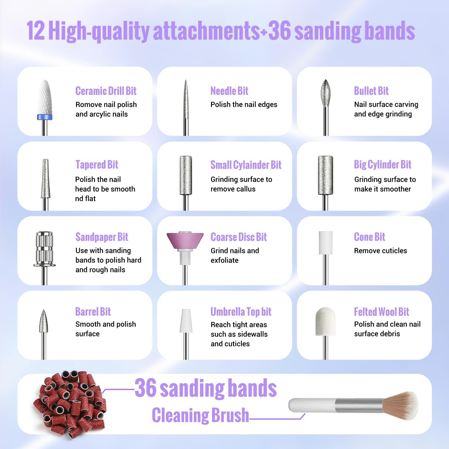 Denabuty Denabuty Cordless Electric Nail Drill Machine, 13 in 1 Nail File Kit 35000RPM Professional Portable Rechargeable E File for Acrylic Polish Gel Removal Manicure Pedicure Set with 5 Speeds DN-2402