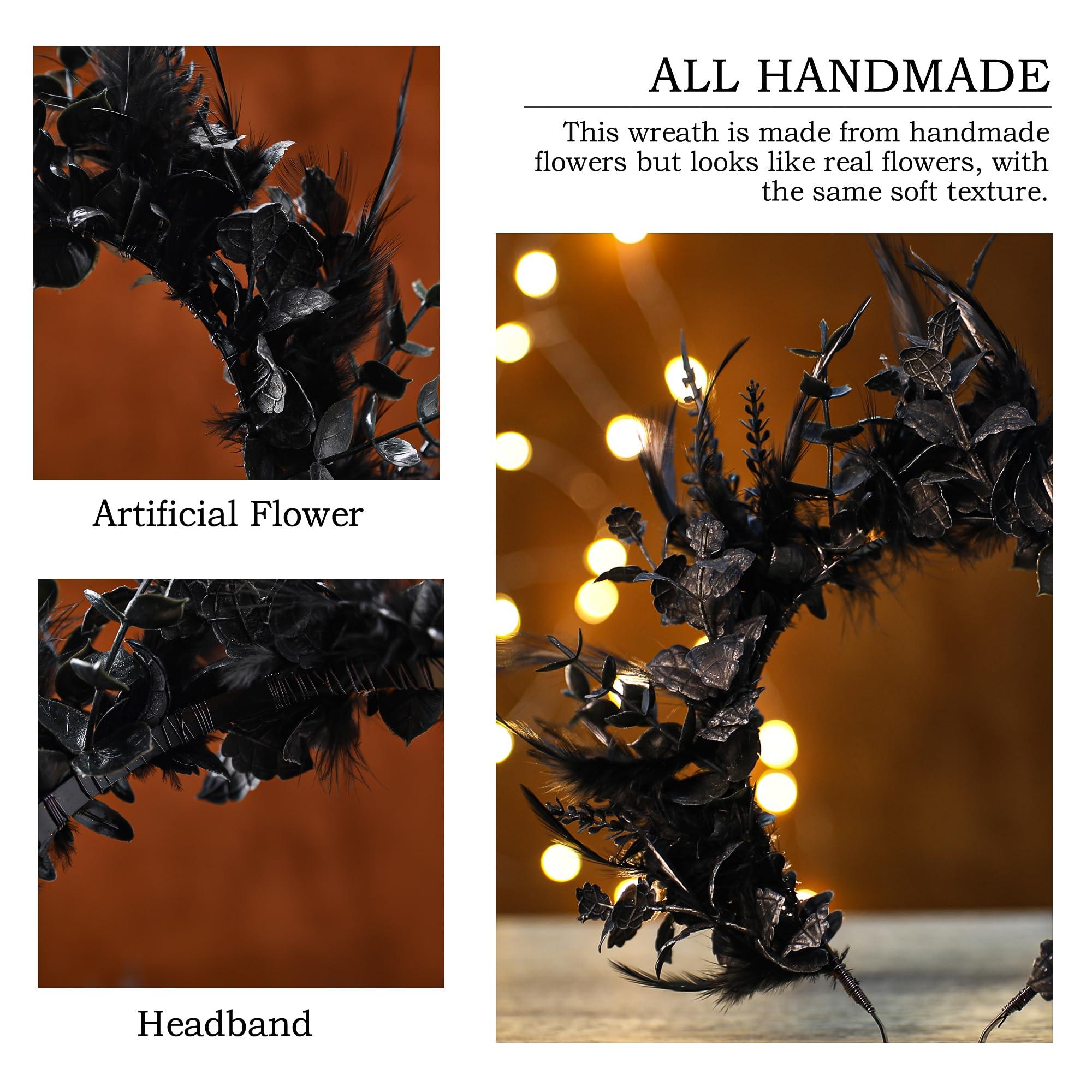 MOSTORY MOSTORY Black Feather Halo Crown - Handmade Dark Feather Headband Gothic Floral Hairband for Women Girls Witch Goth Wedding Renaissance Cosplay Prom Party Fae Ball Photo Shoot