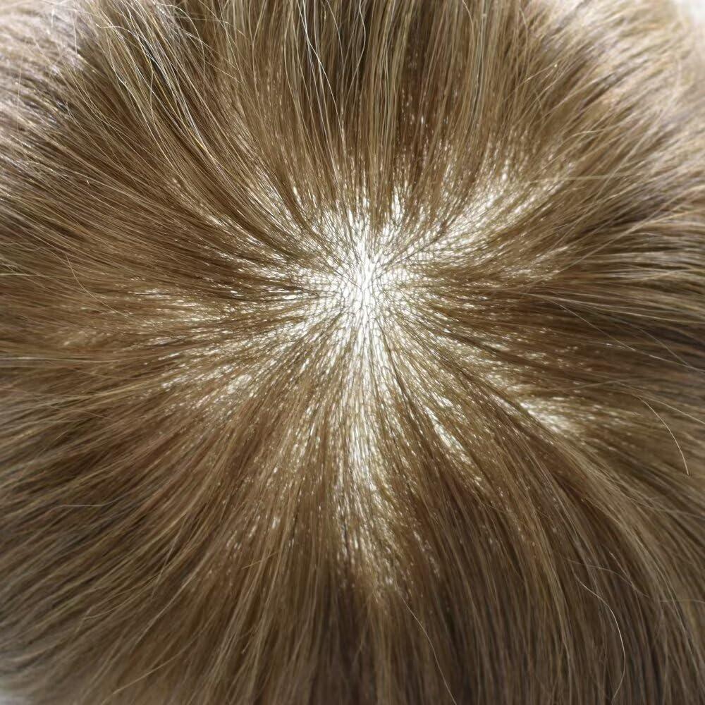 FANCYHAIR PU Mens Toupee European Human Hairpiece 0.04mm Ultra Thin Skin Toupee for Men 8X10 Man Hair System Hair Units Replacement (8\"X10\", 2020 20# LIGHT ASH BLONDE WITH 20% SYNTHETIC GRYE)