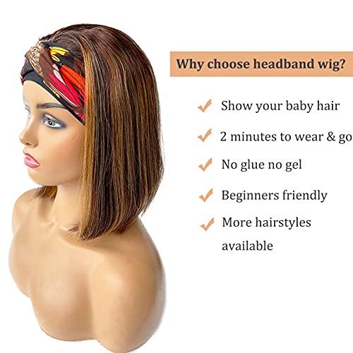 Benafee Blonde Highlights Bob Headband Wigs Human Hair Headband Wig for Black Women 180% Density 4/27 Balayage Brown with Honey Blonde Highlights Human Hair None Lace Front Wig with Headband Attached 16 Inch