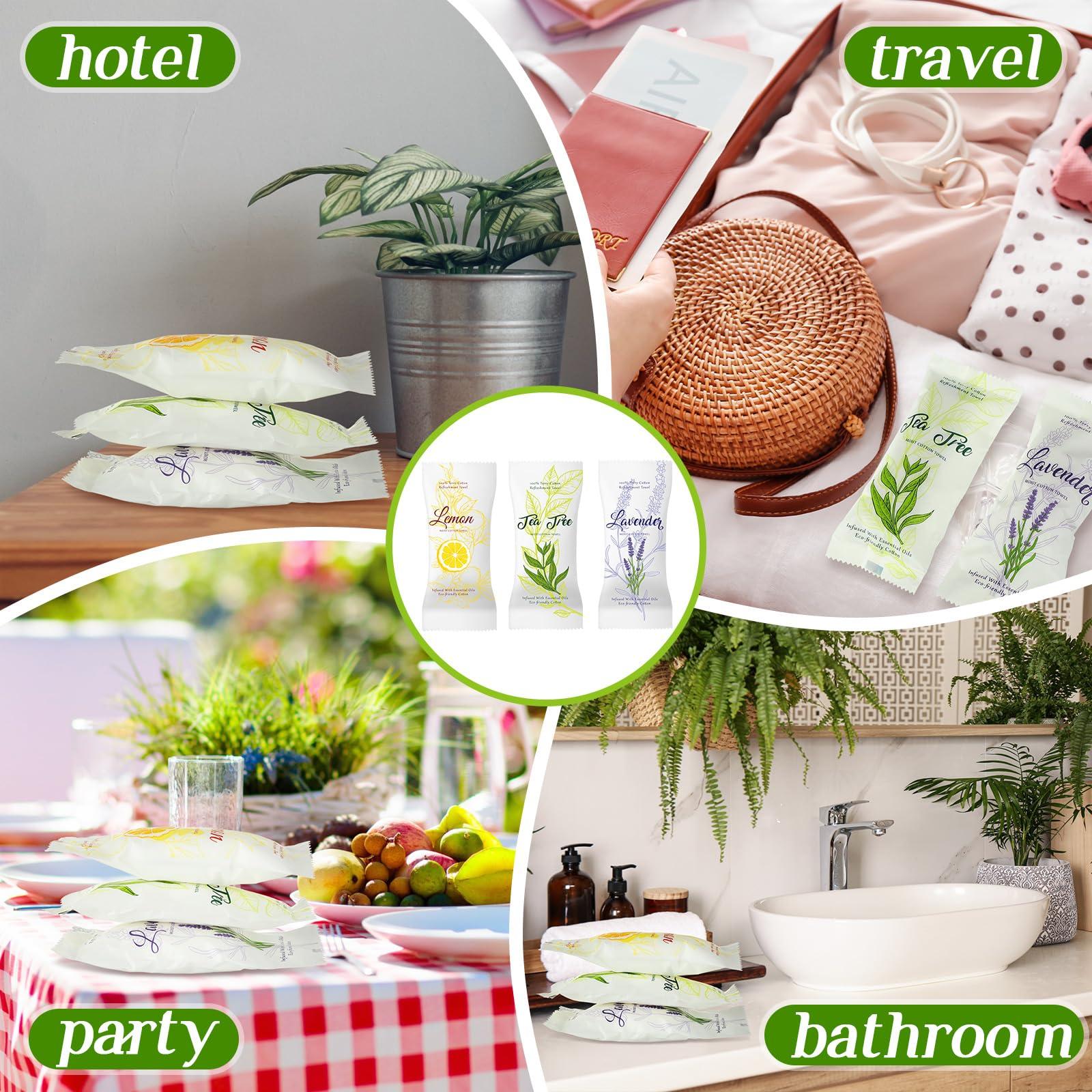 VitalCozy VitalCozy 240 Pcs Moist Cotton Towel Moist Towelettes Individually Wrapped Scent Disposable Face Towel 8.6\'\' x 8.6\'\' Hot/Cold Moistened Cleansing Wipes, Lemon Tea Tree and Lavender Scent (White)