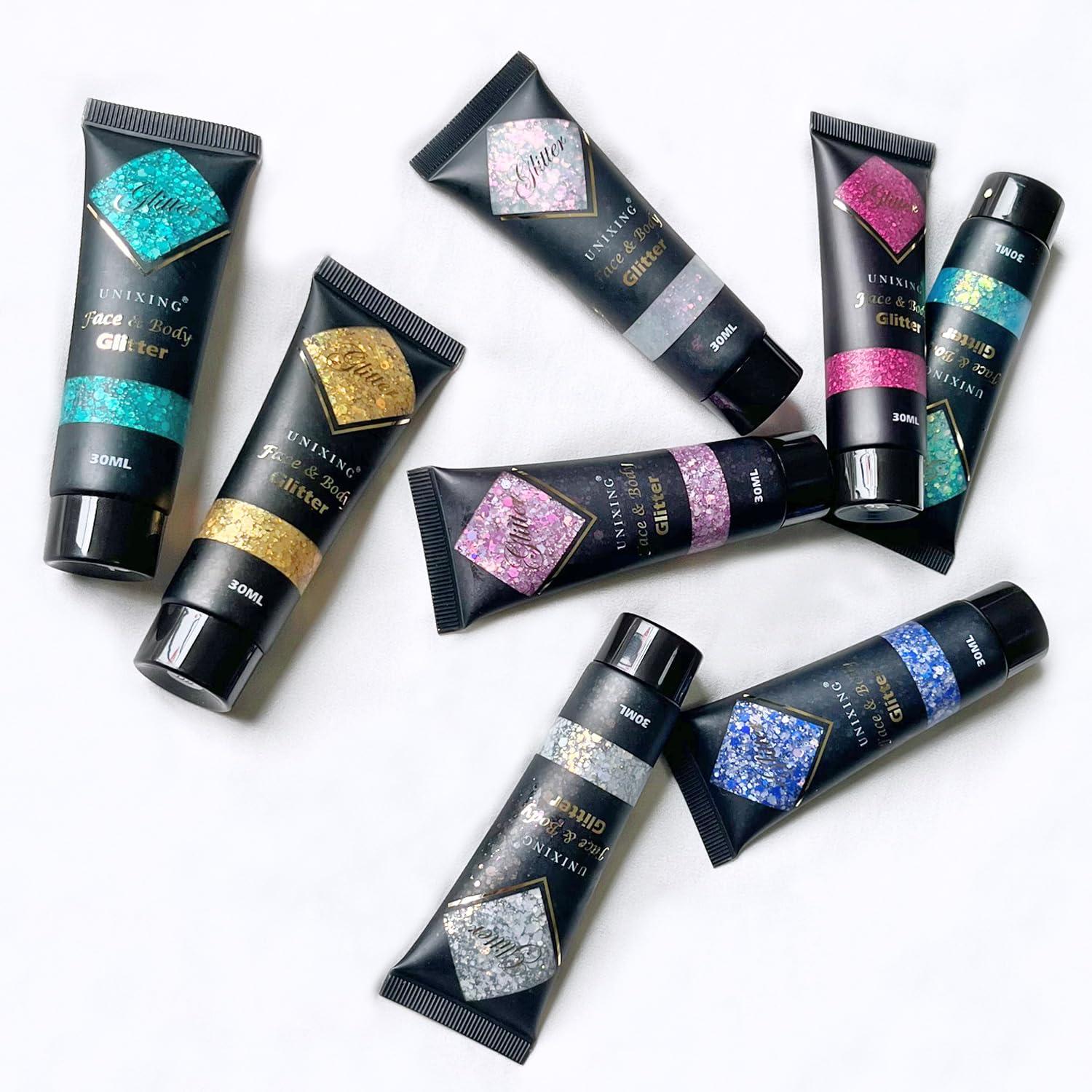 Unixing Body Glitter Gel for Face, Hair, and Makeup - Self-Adhesive Mermaid Sequins Paint - Chunky Glitter for Mardi Gras, Concerts, Music Festivals, Rave