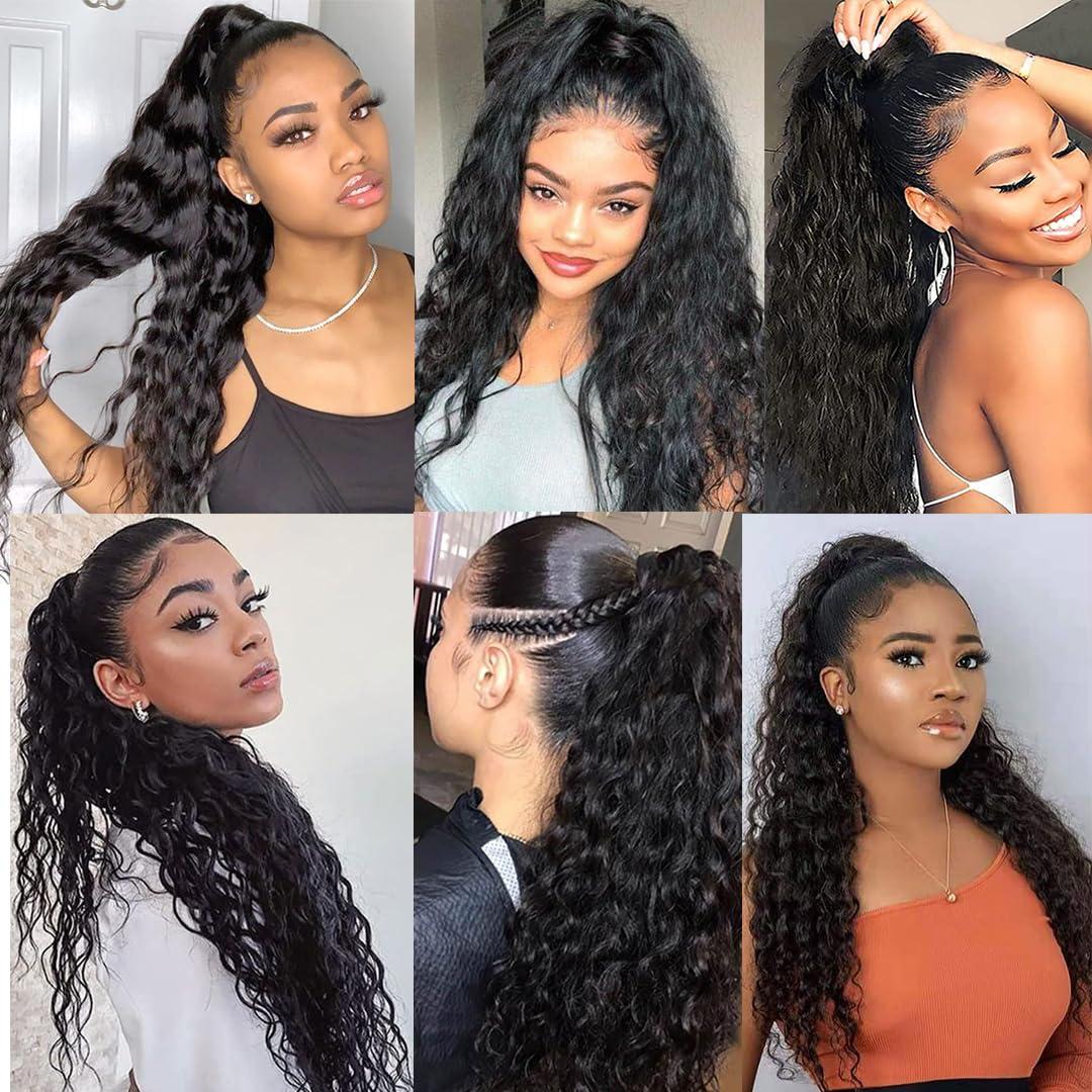 Shoobidoo Water Wave Ponytail Drawstring Ponytail Human Hair Ponytail Extension Natural Black Ponytail Extensions for Women Clip in Extensions 20 Inch