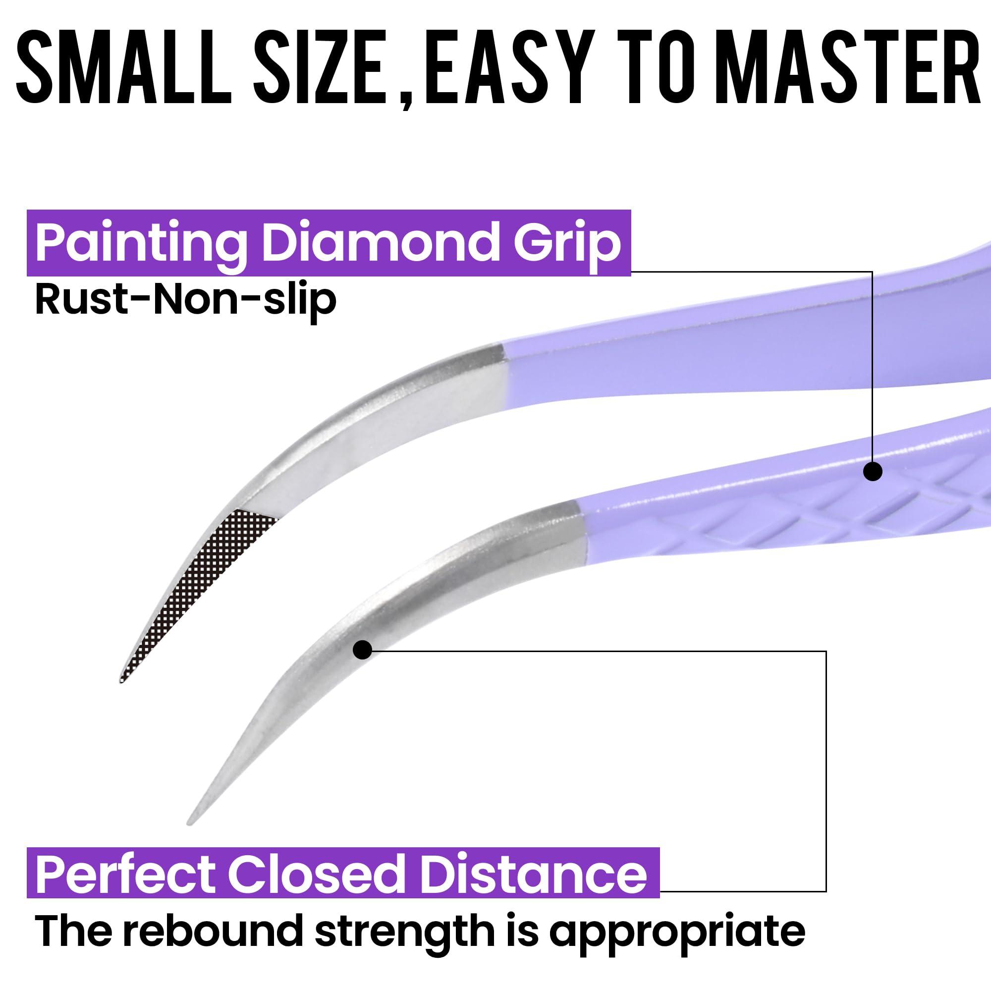 CL CAMILLASH Fiber Tip Lash Tweezers For Eyelash Extension Tweezers Professional Artist Tech Work Kit Tools,Best Volume Eyelash Lashes Extensions Purple Tweezers Precision Supplies(Curved)