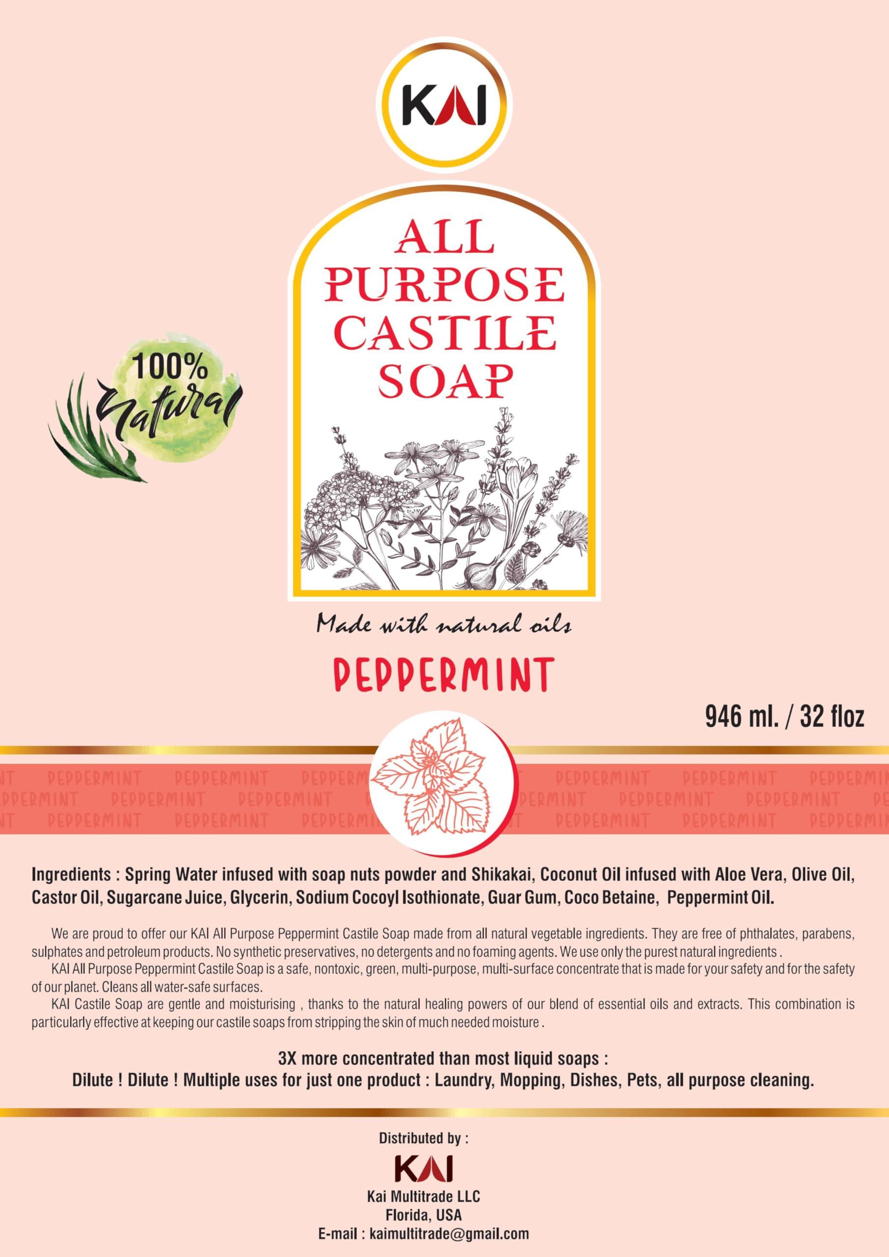 KAI Kai All Purpose Pure Castile Soap | Natural and Multi-Surface Liquid Soap | Organic Soap for Face, Body, Hand, and Hair | Used for Dishes, Pets, Laundry, and Mopping | Peppermint - 32 Fl Oz - 3 Pack