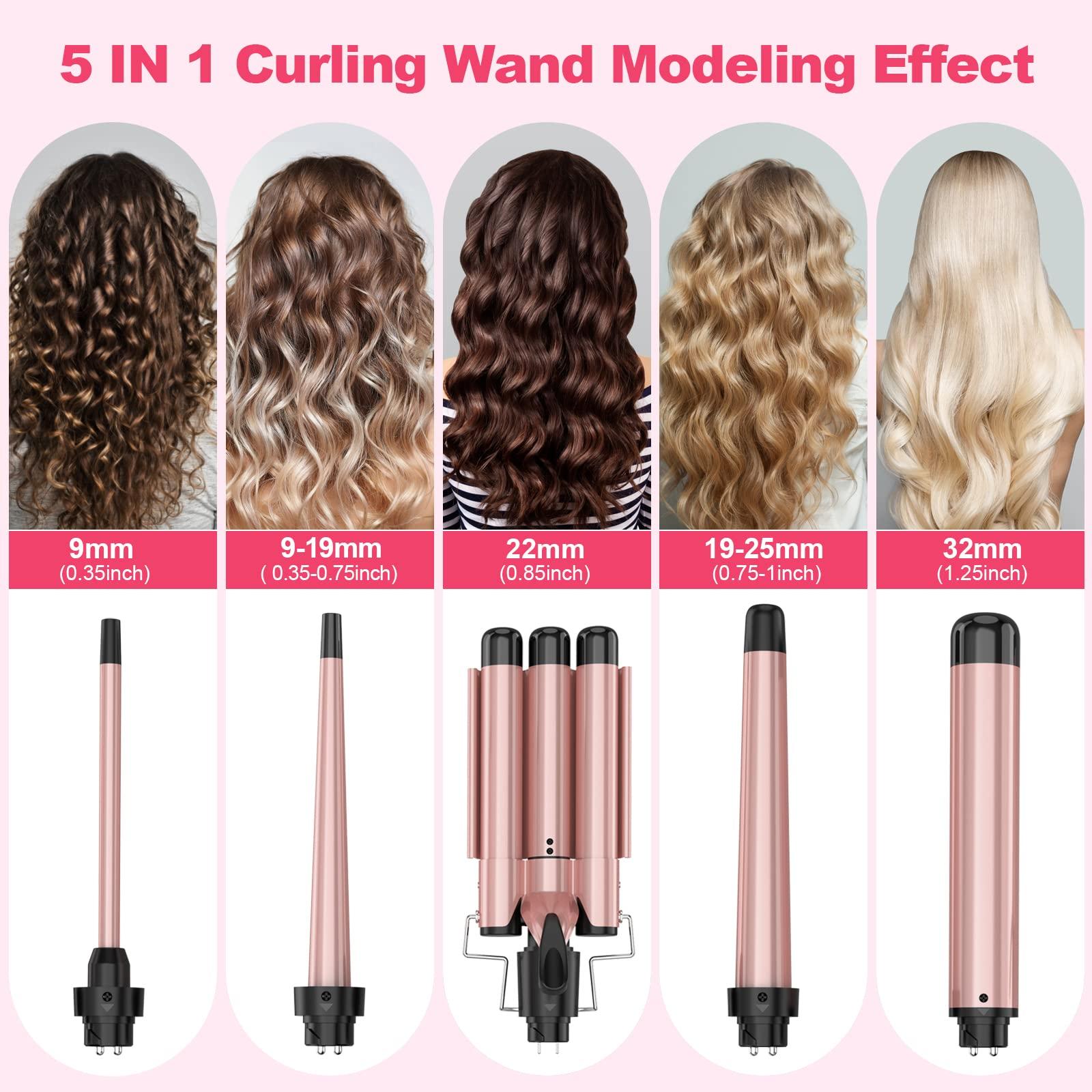 USHOW Curling Wand Set, Curling Iron Interchangeable 3 Barrel Wand Curler with Ceramic Tourmaline Professional 5 in 1 Wand Curling Iron,for Women with Curler and Waver