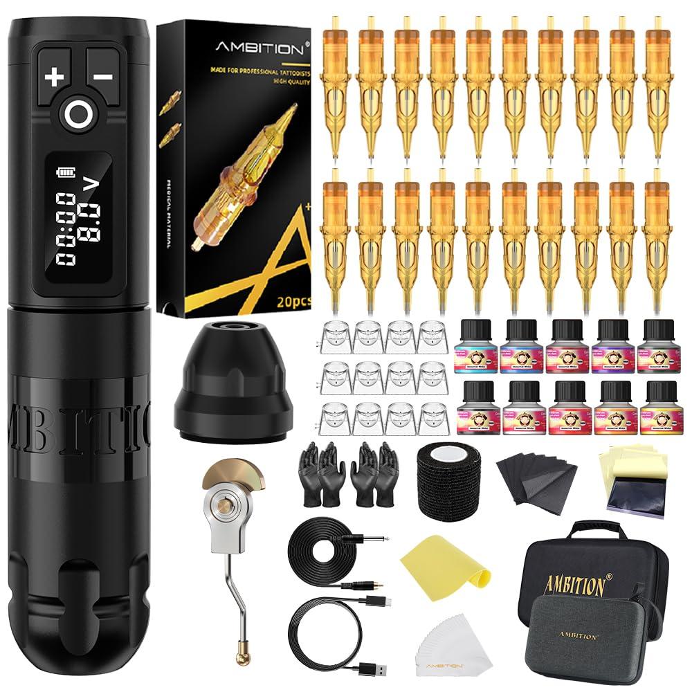 Ambition Ambition Soldier Tattoo Machine Kit Complete Rotary Wireless Tattoo Pen Gun Kit with 20pcs Glory Tattoo Cartridge Needles Practice Skin Supplies for Beginners & Professional Artists, Black