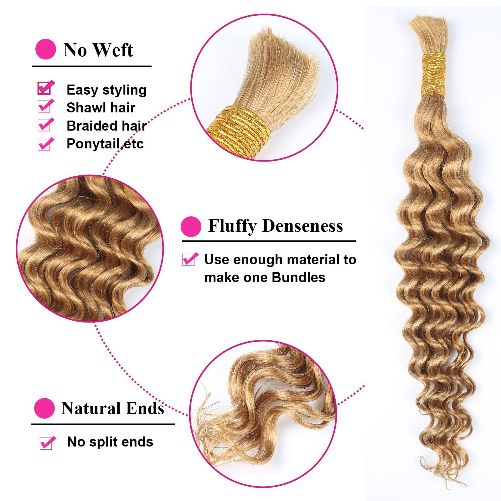 RESACA RESACA Deep Wave Bulk Human Hair for Braiding 22 Inch 50g 1 Bundle Boho Braids Human Hair Water Wet and Wavy 100% Unprocessed Brazilian Virgin Hair Extensions Kinky Curly #27