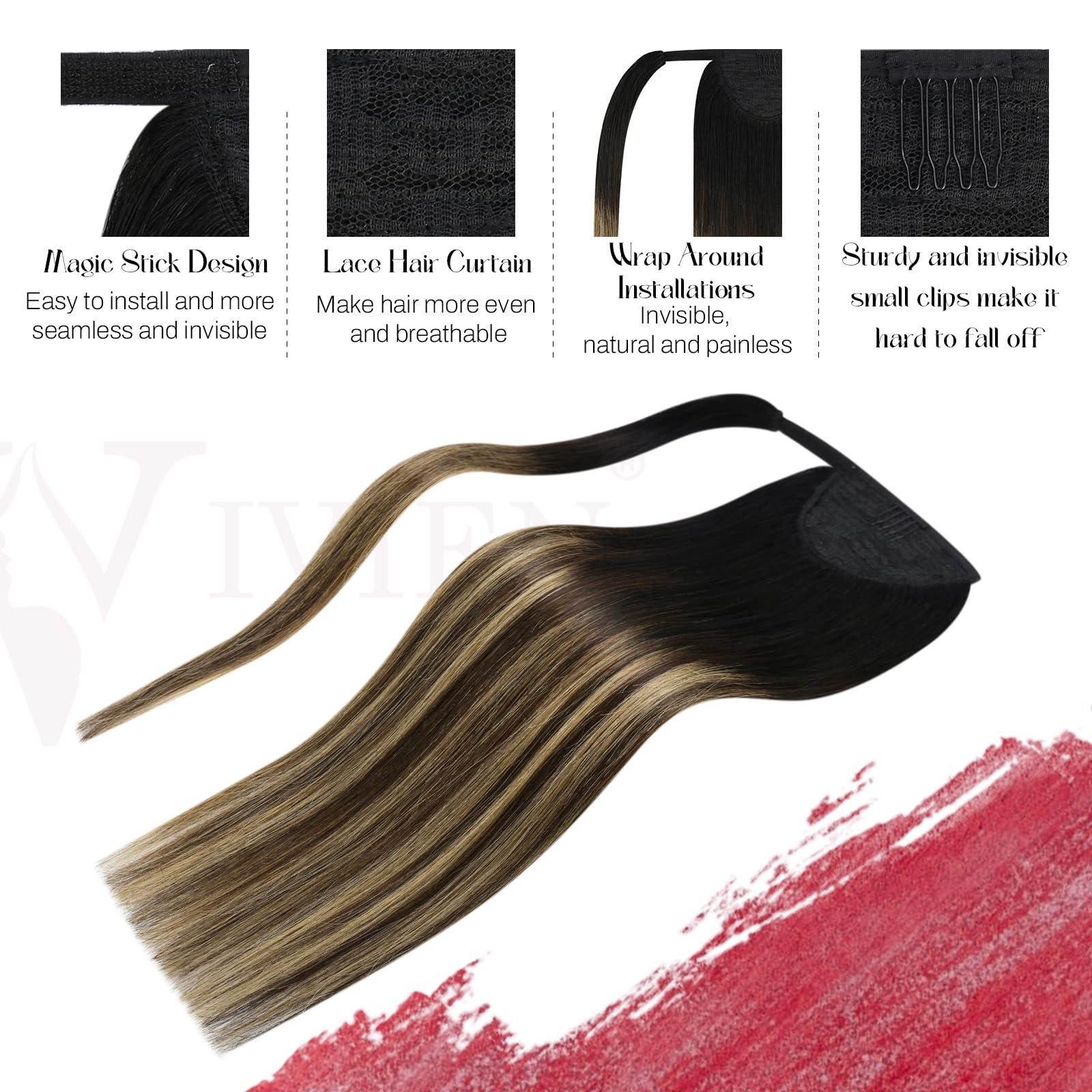 Vivien Vivien Balayage Ponytail Extension Human Hair Ombre Ponytail Human Hair Extensions Black Ombre Brown Balayage Caramel Blond Wrap Around Ponytail Hair Extension for Women 16 Inch 80g