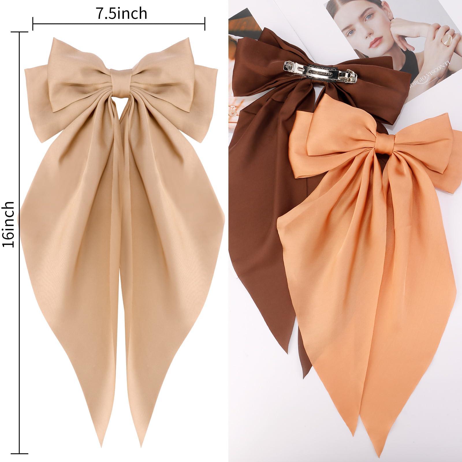 VELSCRUN Velscrun Hair Bows for Women Girls 3Pcs Brown Series Hair Bow Big Hair Bows Clip Silky Satin Large Hair Ribbons Oversized Long Tail Hair Bows Hair Barrettes Hair Accessories Gifts for Sisters