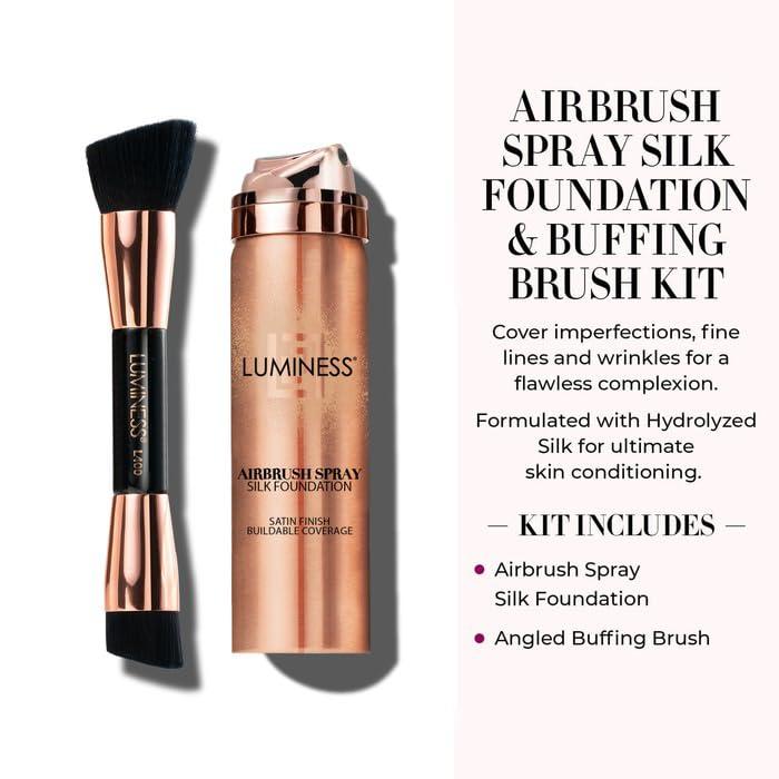 LUMINESS LUMINESS Silk Airbrush Spray Foundation & Buffing Brush Kit Full Coverage Foundation & Dual-Sided Buffing Brush - Buildable Coverage, Anti-Aging Formula Hydrates & Moisturizes (Shade - Warm)
